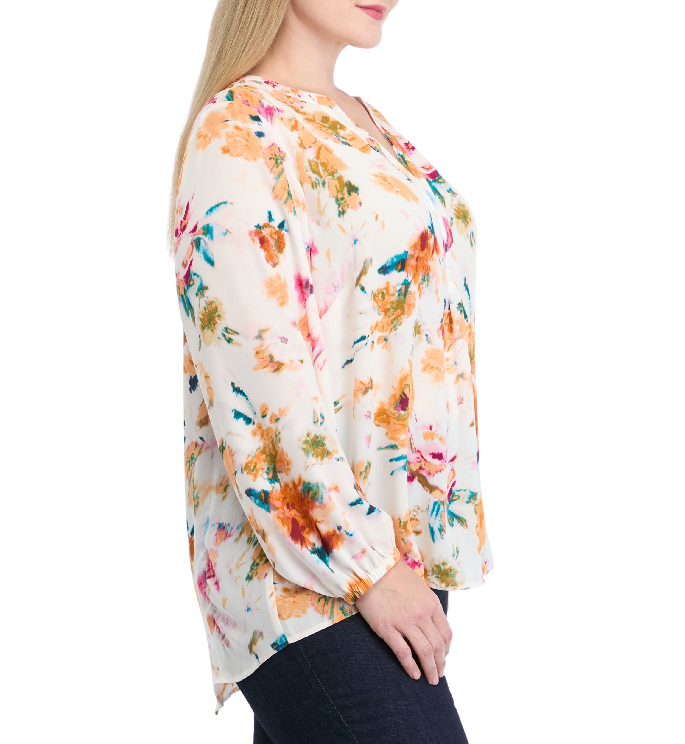 Plus Size Long Sleeve Split Neck Printed Top