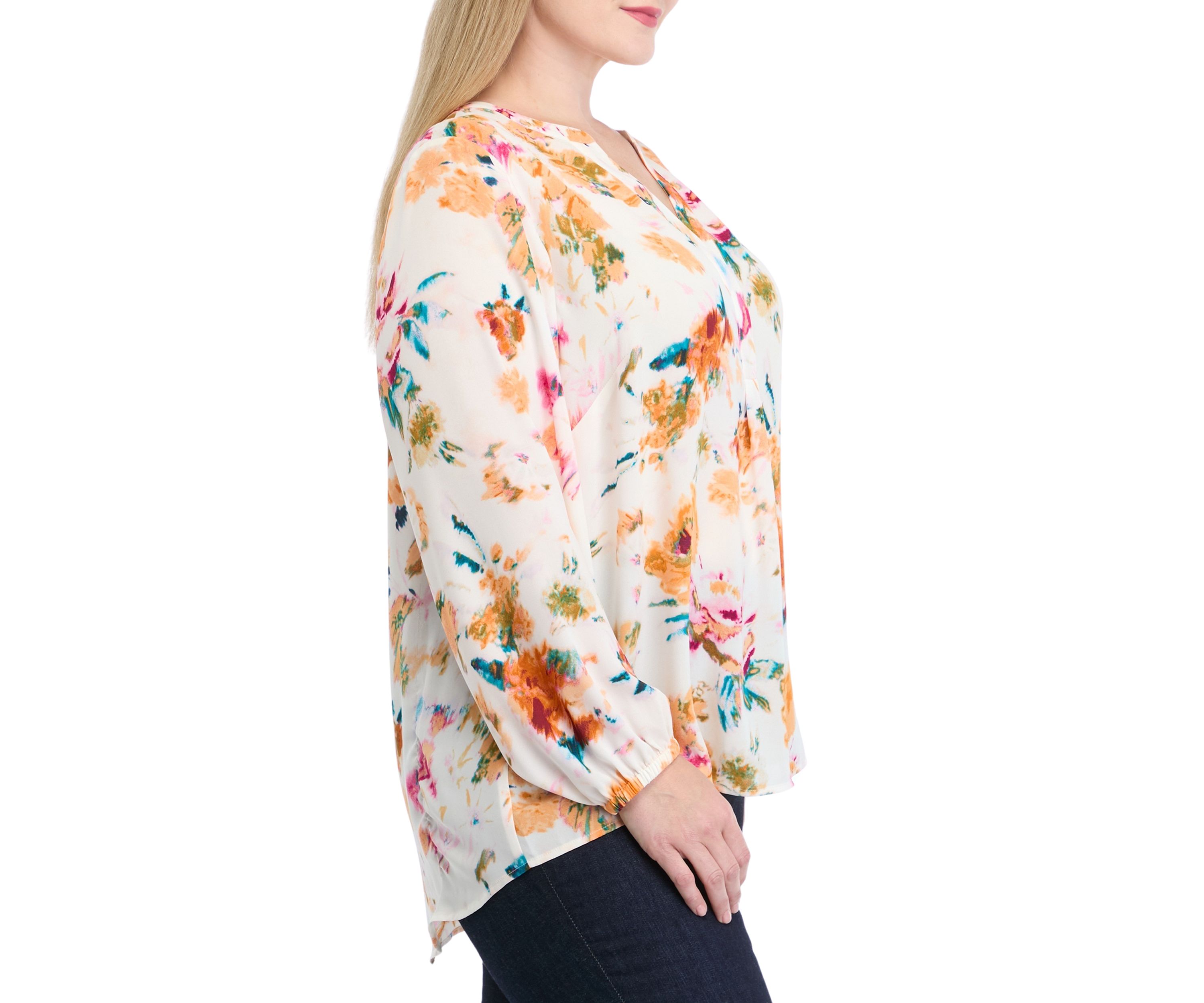 Plus Size Long Sleeve Split Neck Printed Top