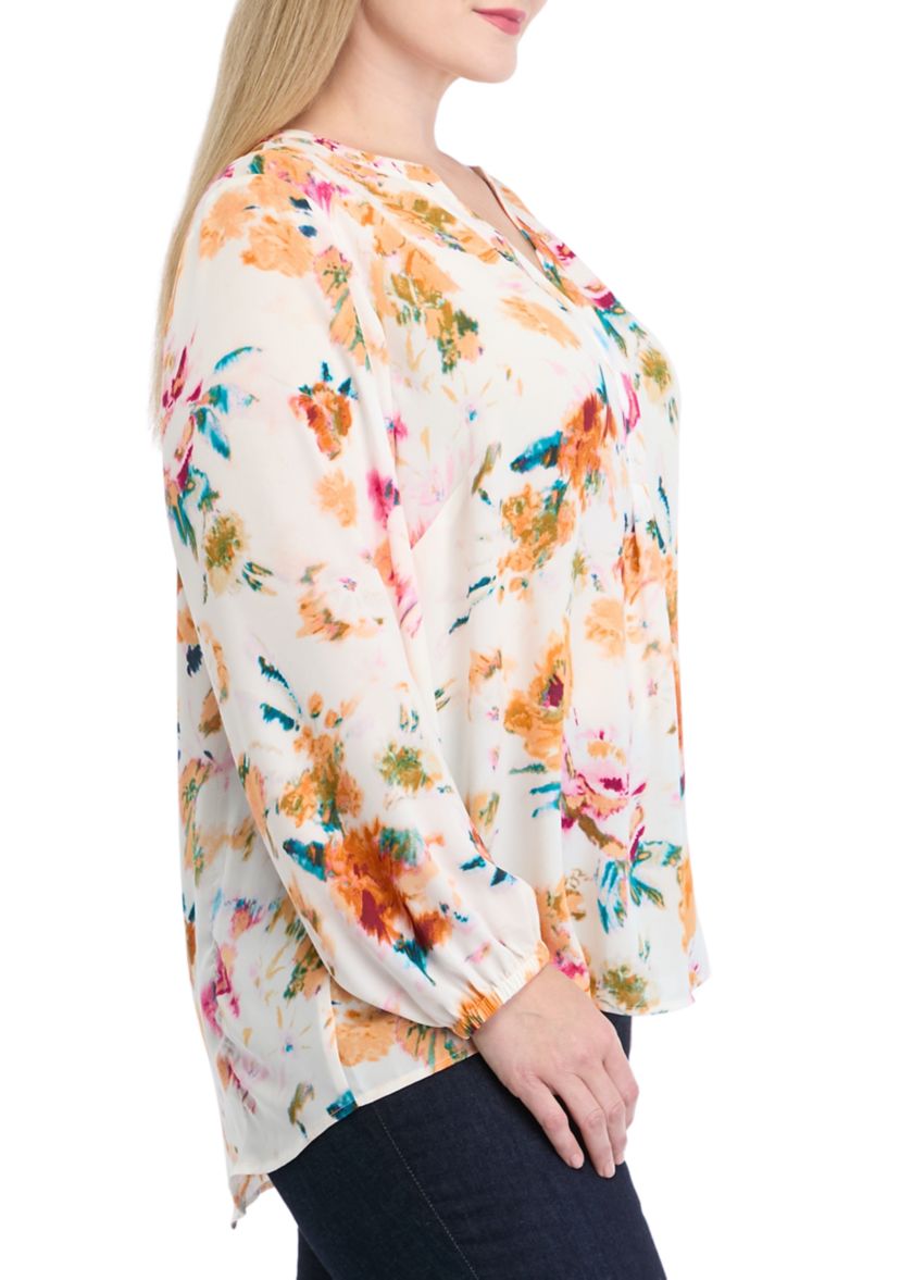 Plus Size Long Sleeve Split Neck Printed Top