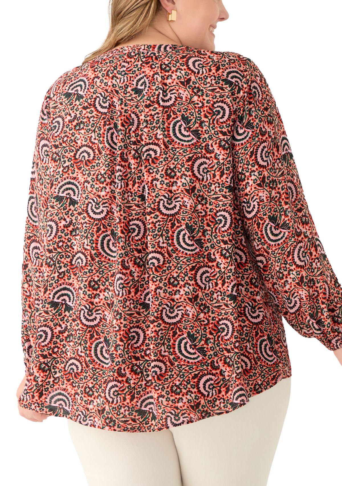 Plus Size Long Sleeve Split Neck Printed Top