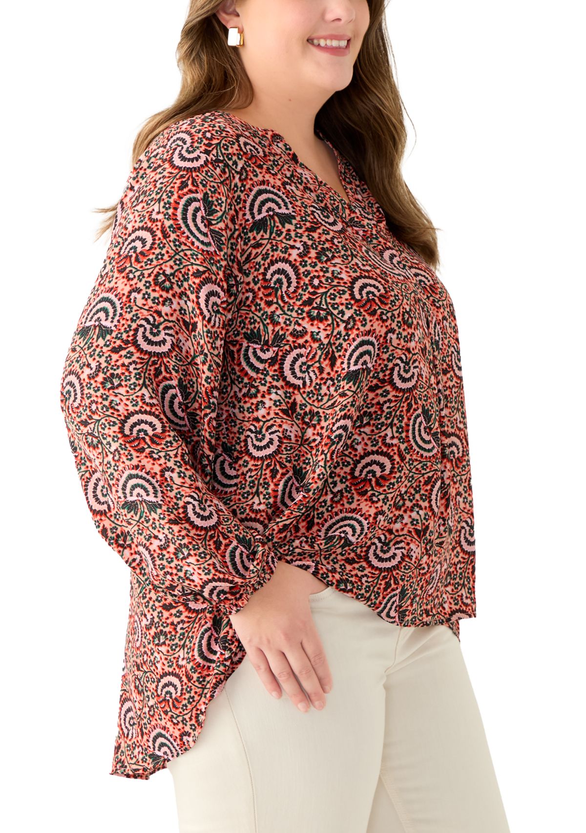Plus Size Long Sleeve Split Neck Printed Top