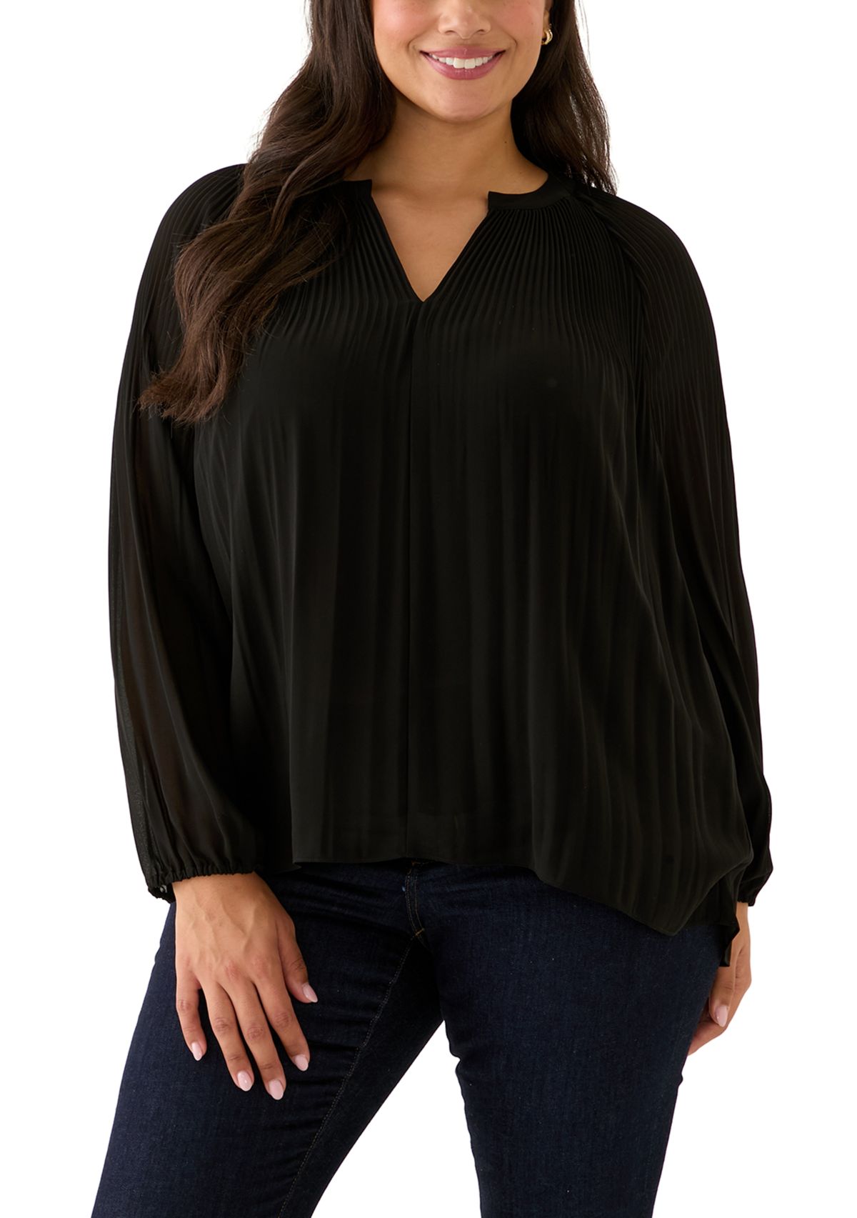 Plus Size Partially Lined Long Raglan Sleeve V-Neck Blouse