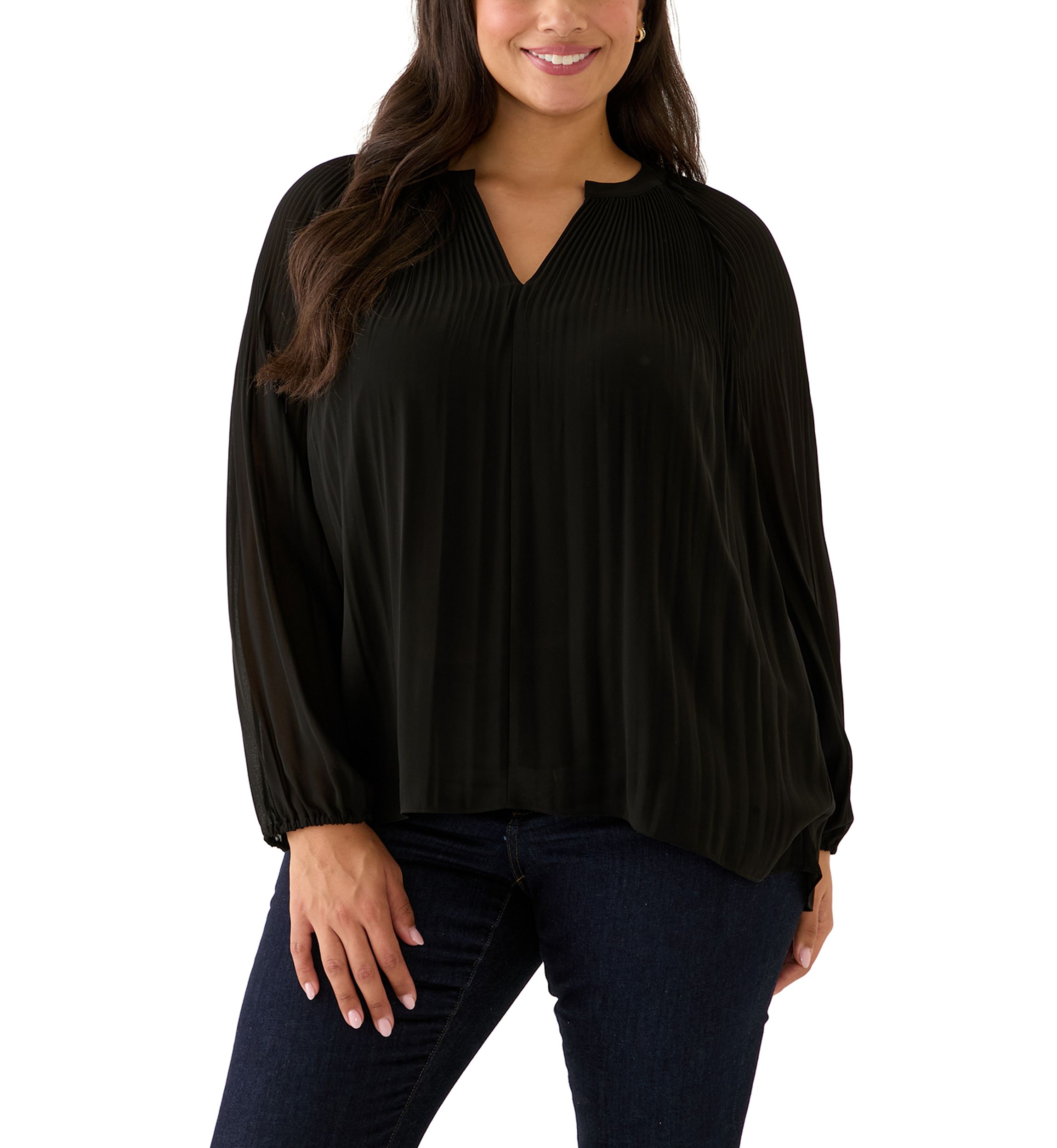 Plus Size Partially Lined Long Raglan Sleeve V-Neck Blouse
