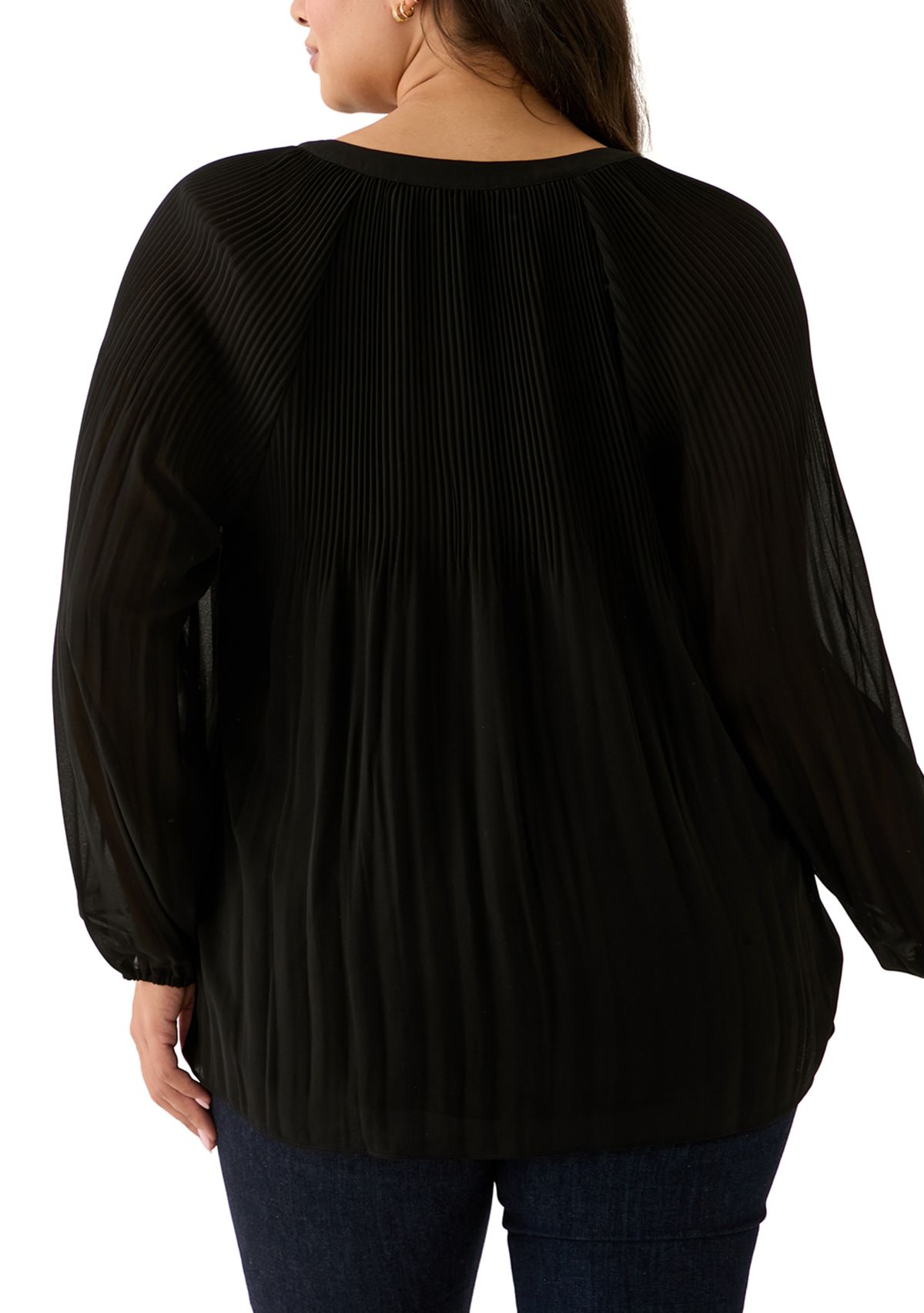 Plus Size Partially Lined Long Raglan Sleeve V-Neck Blouse