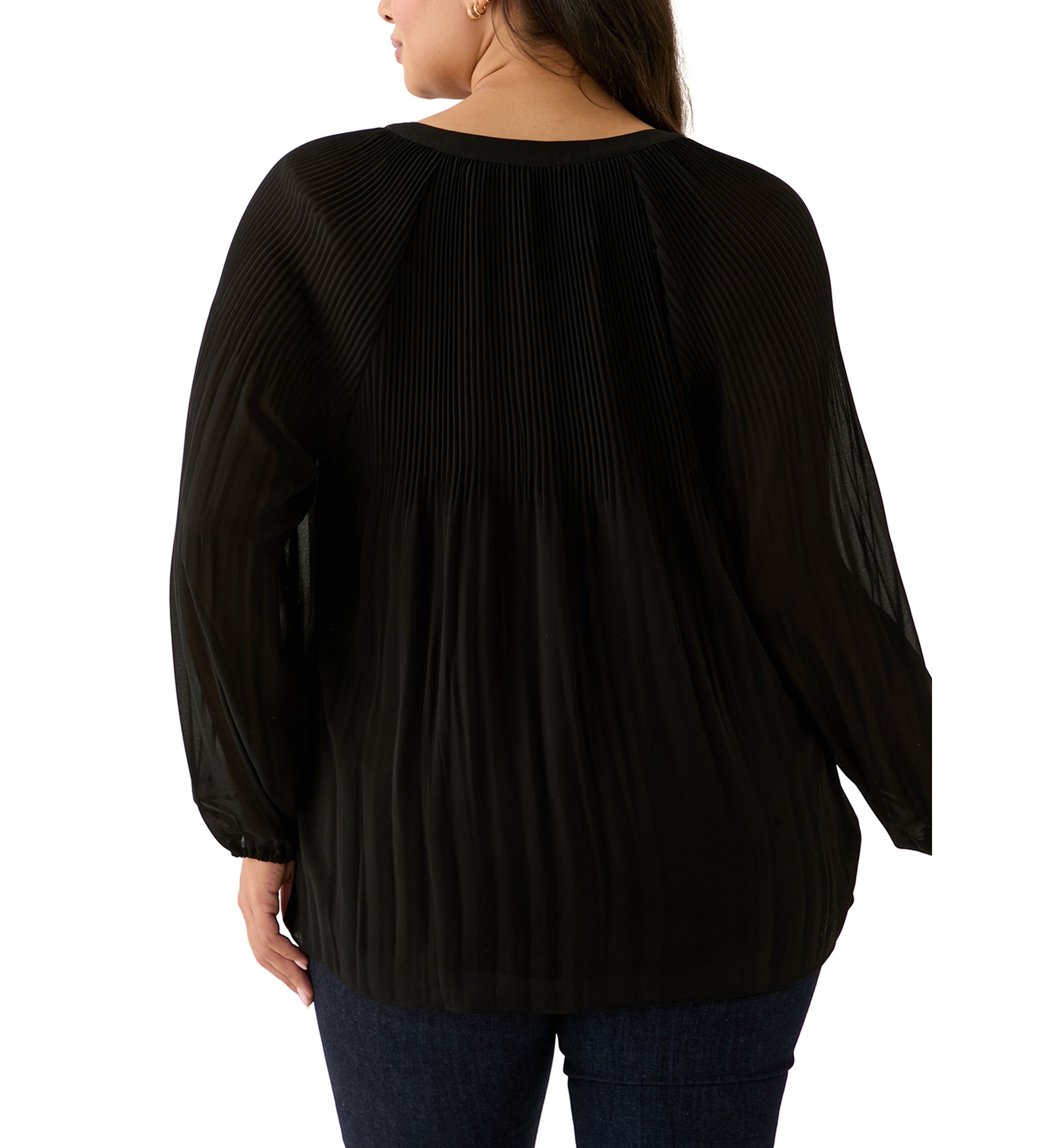Plus Size Partially Lined Long Raglan Sleeve V-Neck Blouse