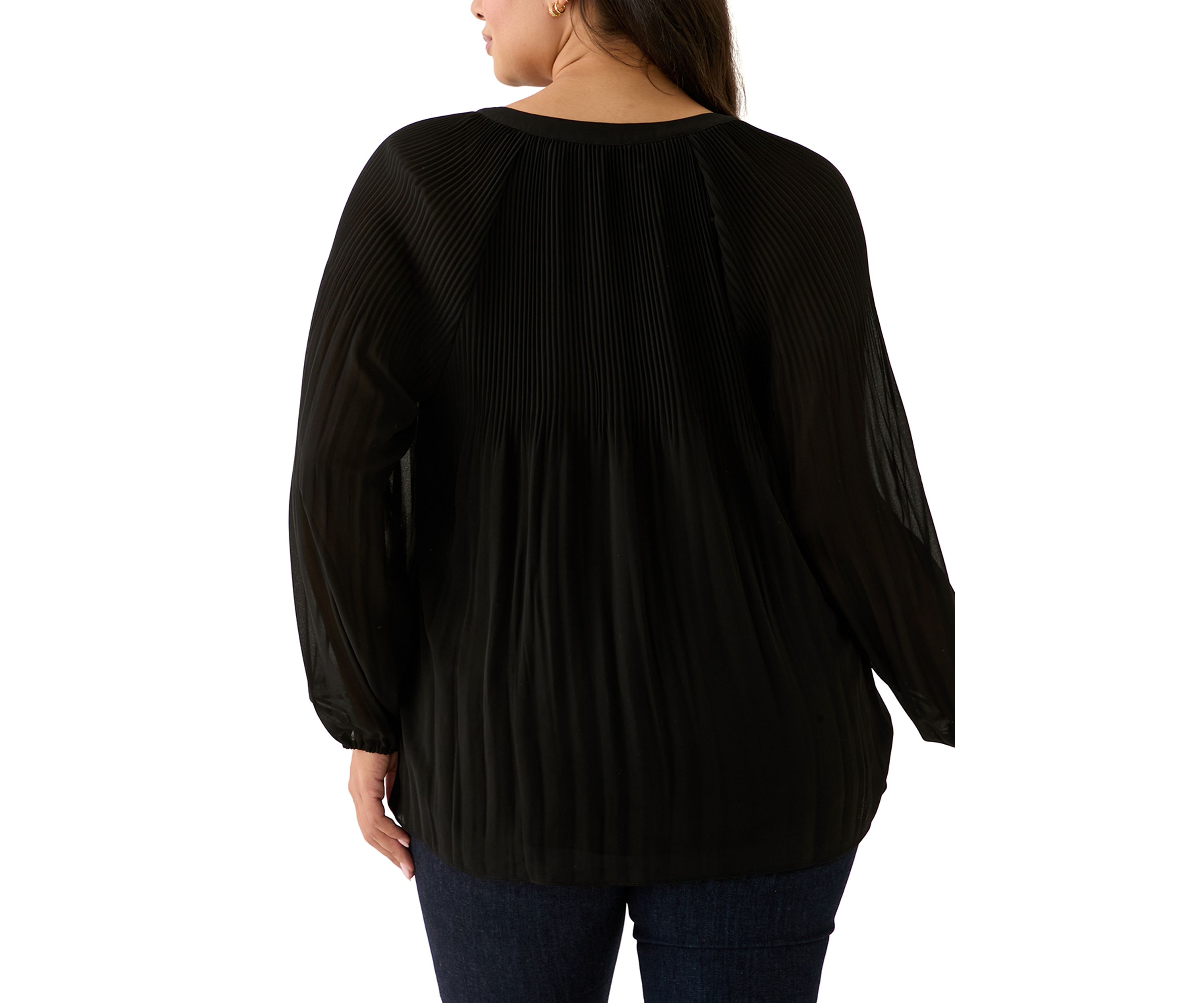 Plus Size Partially Lined Long Raglan Sleeve V-Neck Blouse
