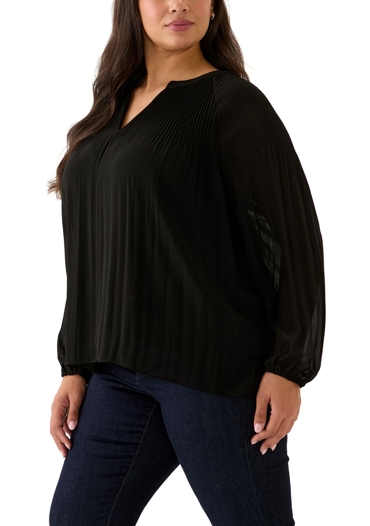 Plus Size Partially Lined Long Raglan Sleeve V-Neck Blouse