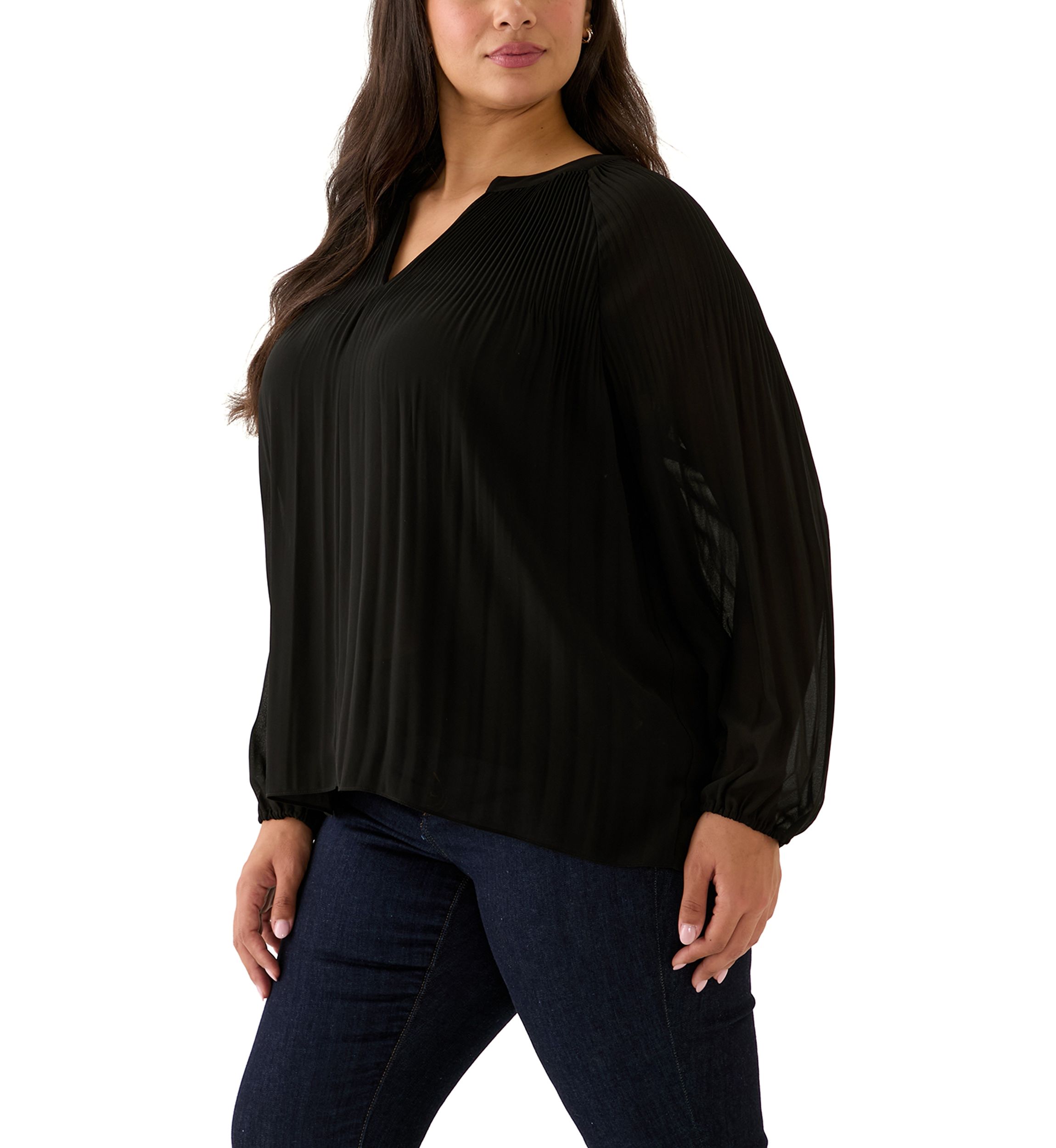 Plus Size Partially Lined Long Raglan Sleeve V-Neck Blouse