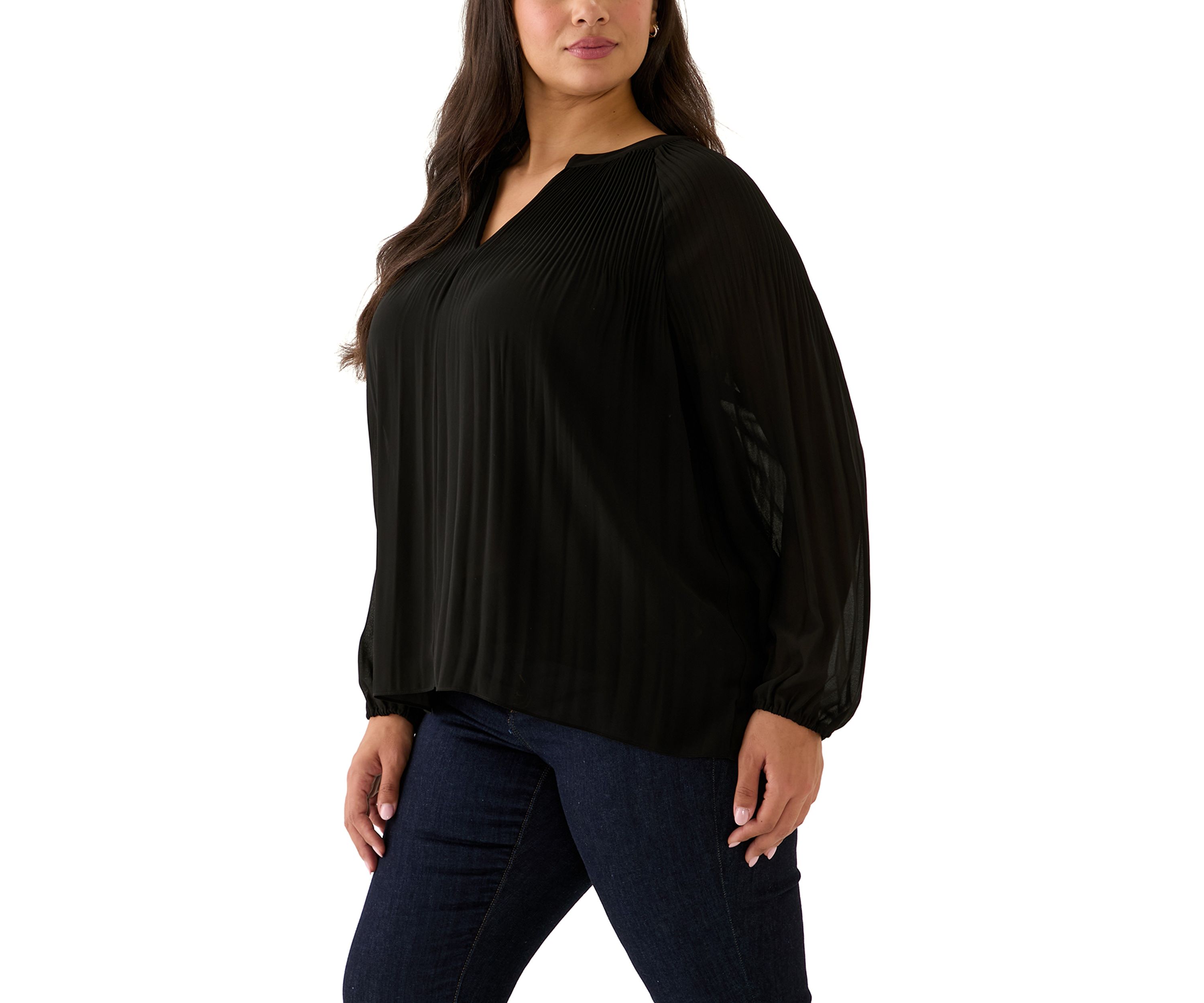 Plus Size Partially Lined Long Raglan Sleeve V-Neck Blouse