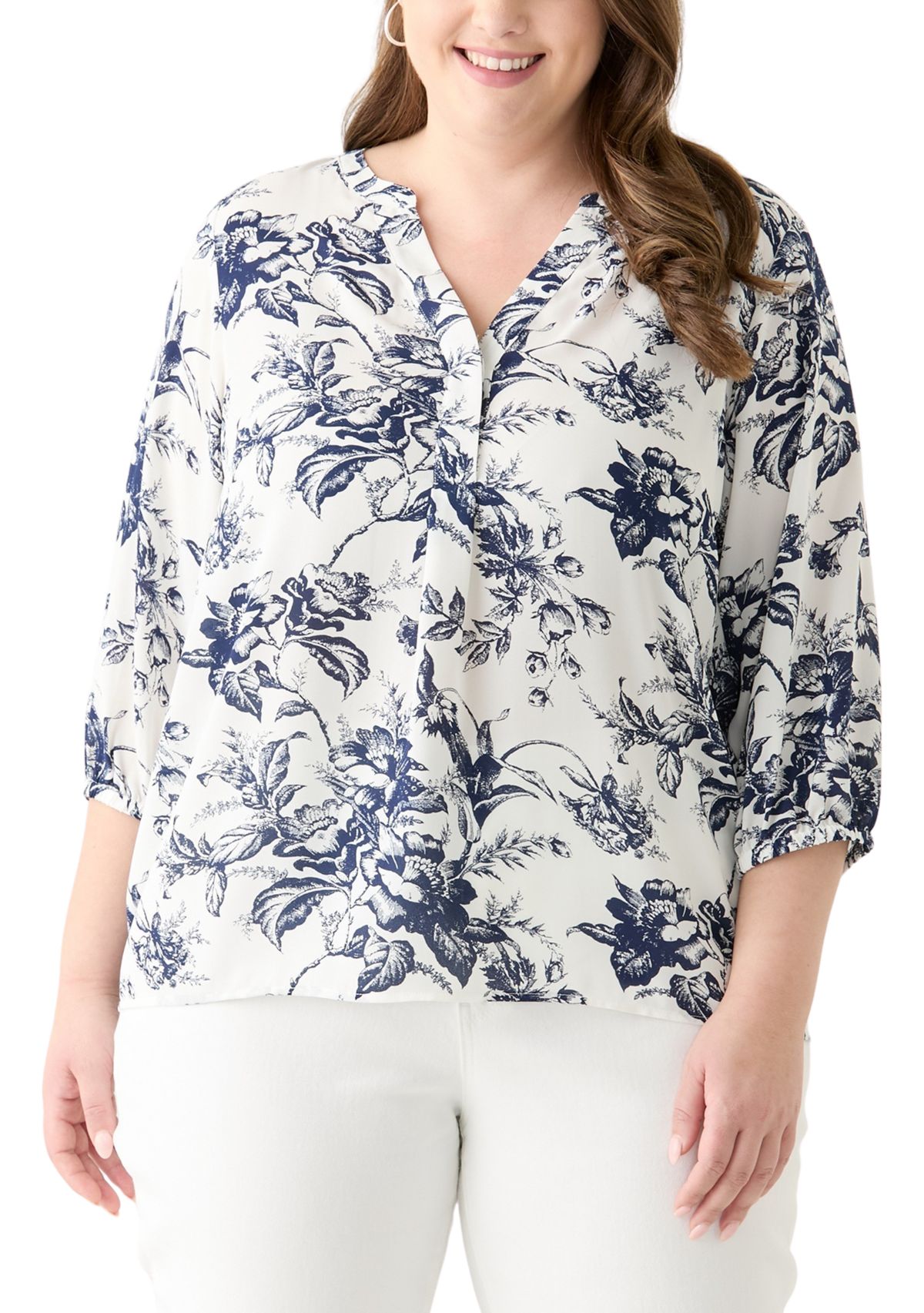 Plus Size 3/4 Sleeve Split Neck Woven Blouse