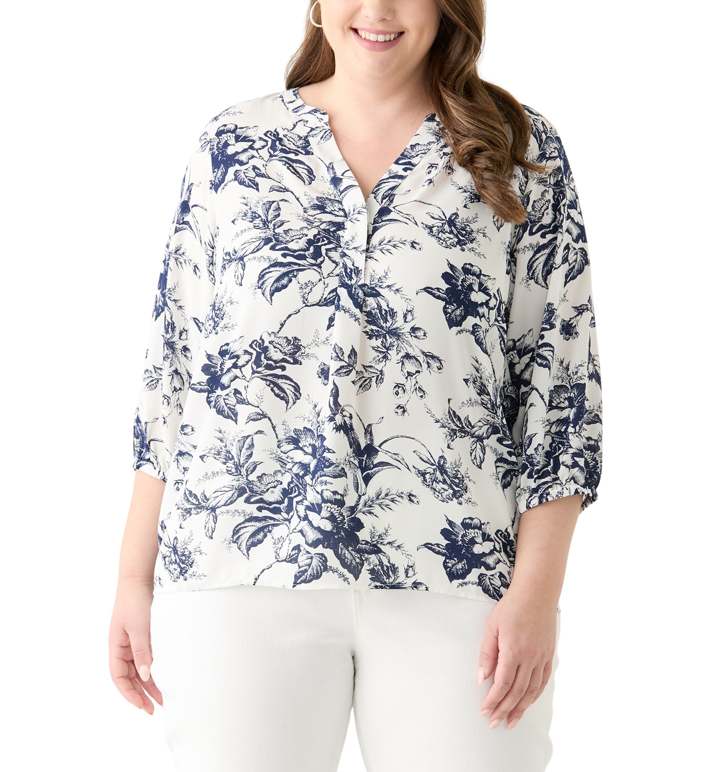 Plus Size 3/4 Sleeve Split Neck Woven Blouse
