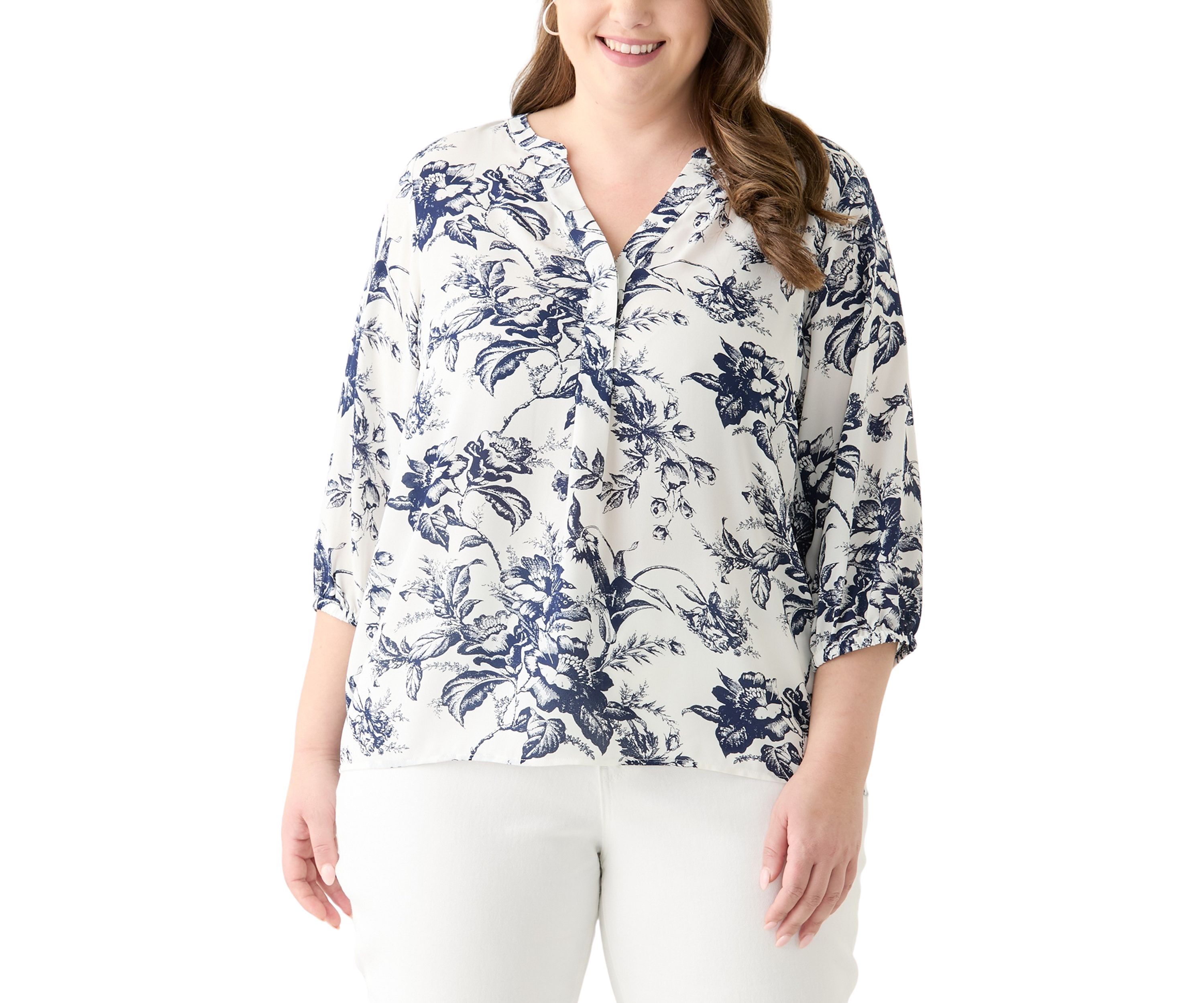 Plus Size 3/4 Sleeve Split Neck Woven Blouse