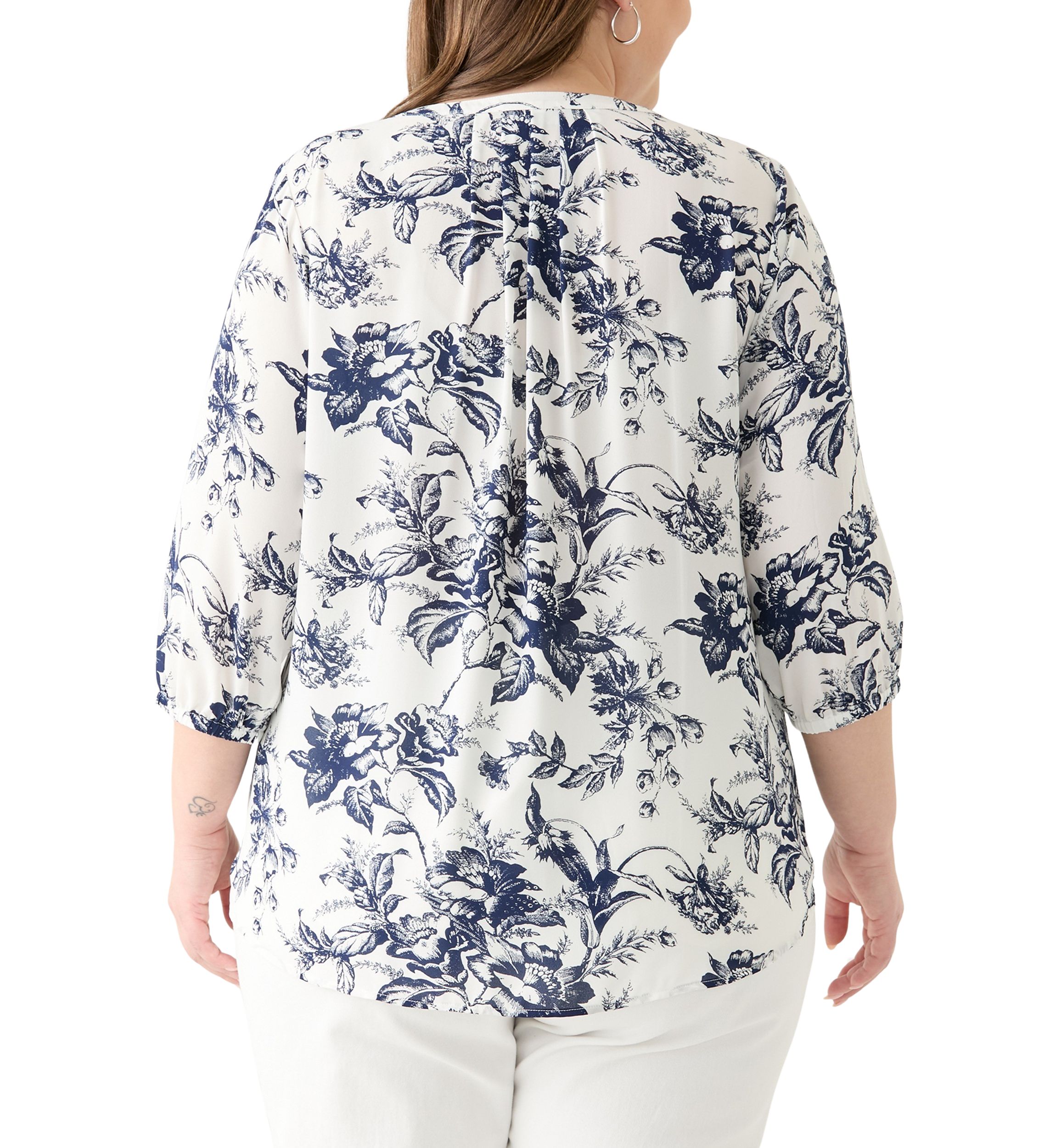 Plus Size 3/4 Sleeve Split Neck Woven Blouse