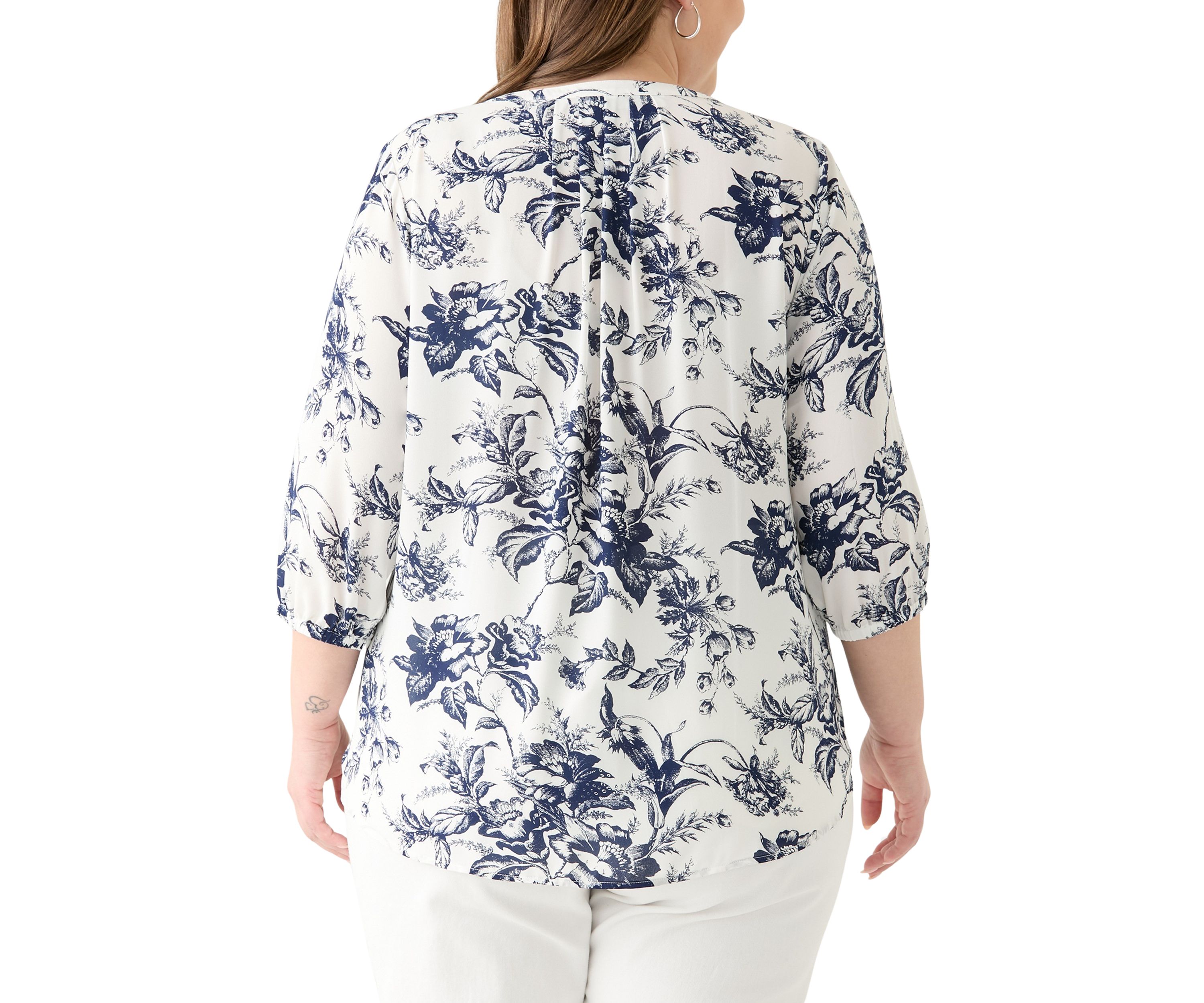 Plus Size 3/4 Sleeve Split Neck Woven Blouse