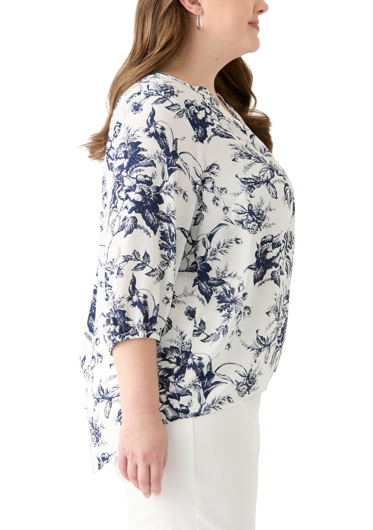 Plus Size 3/4 Sleeve Split Neck Woven Blouse
