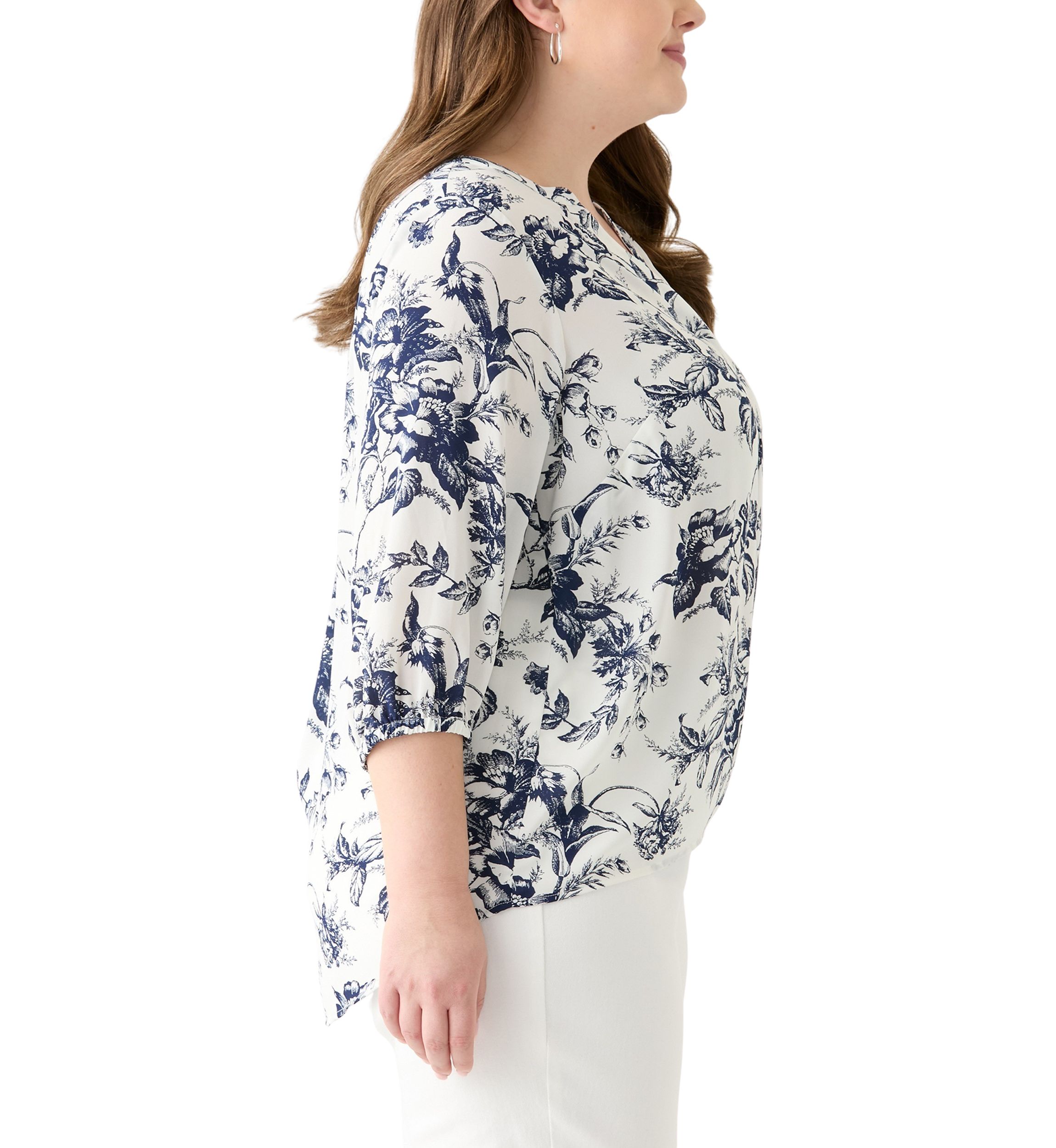 Plus Size 3/4 Sleeve Split Neck Woven Blouse