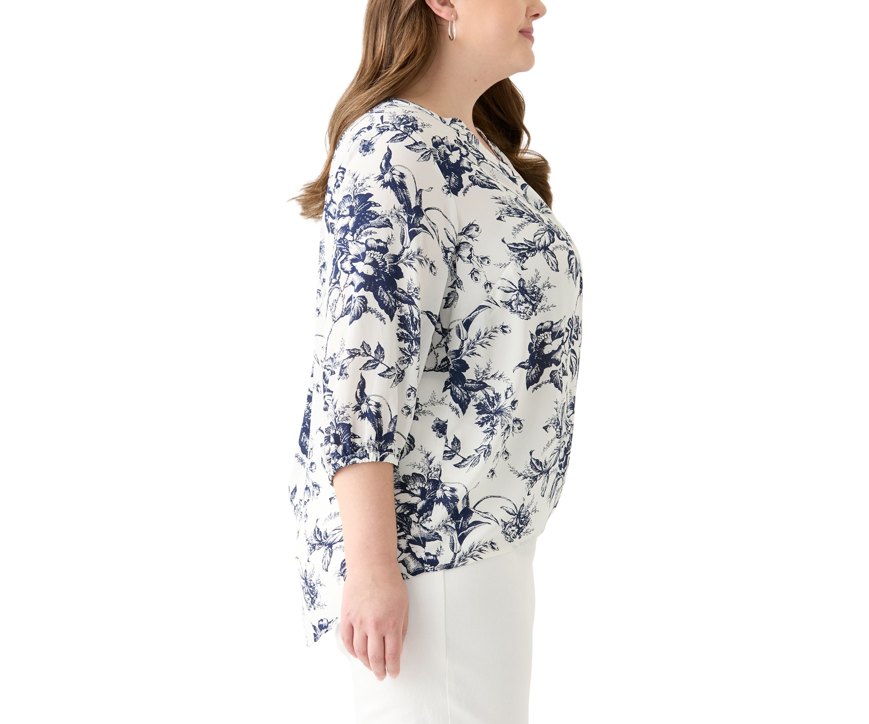 Plus Size 3/4 Sleeve Split Neck Woven Blouse
