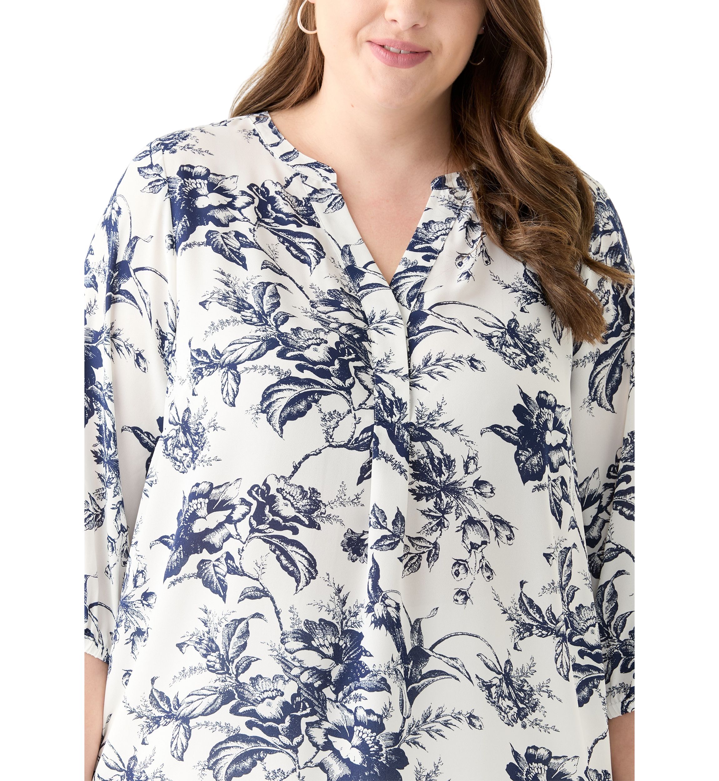 Plus Size 3/4 Sleeve Split Neck Woven Blouse