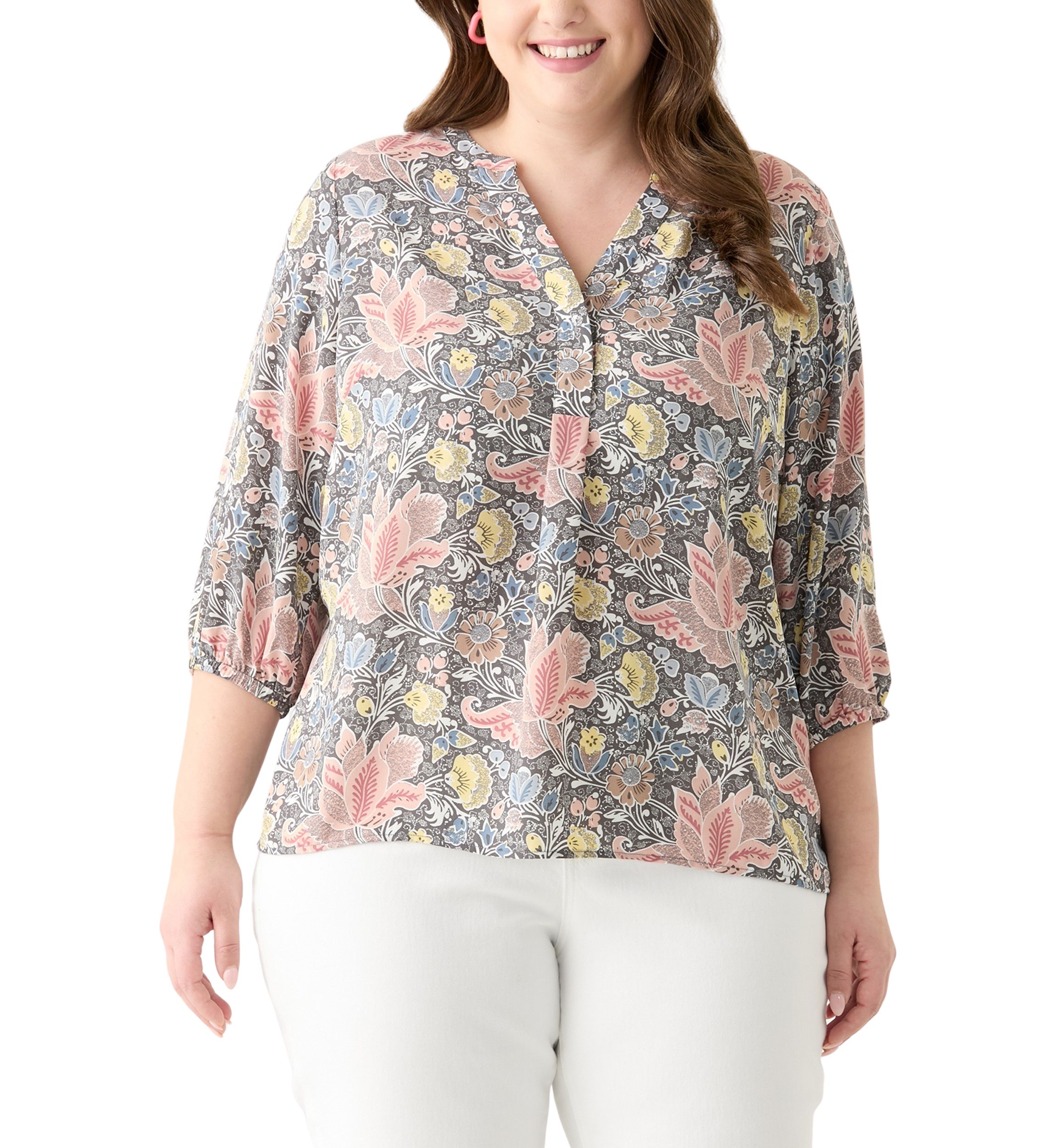 Plus Size 3/4 Sleeve Split Neck Woven Blouse 