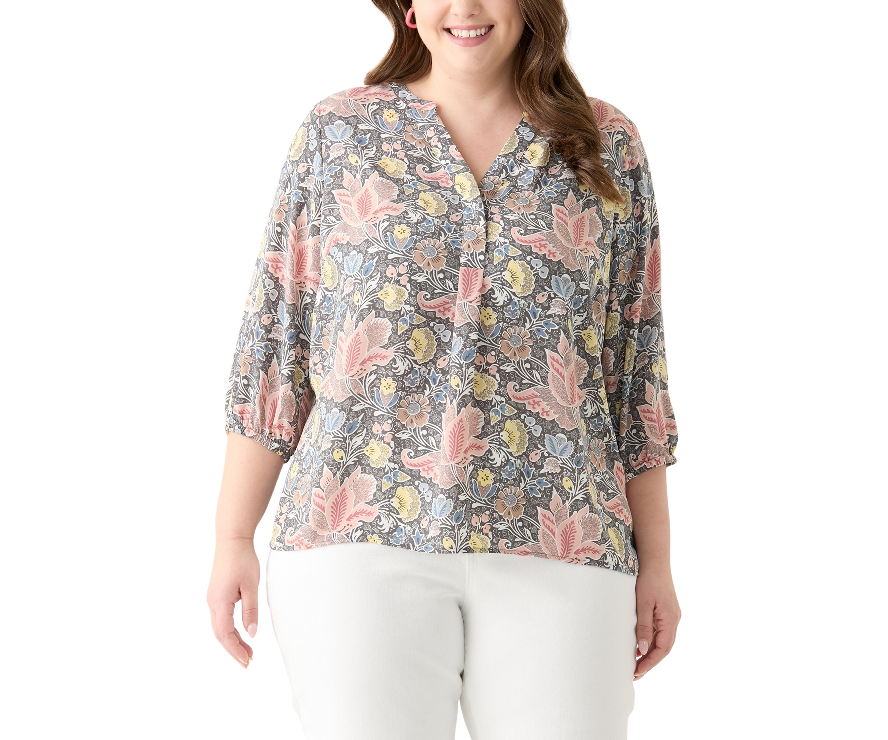 Plus Size 3/4 Sleeve Split Neck Woven Blouse 