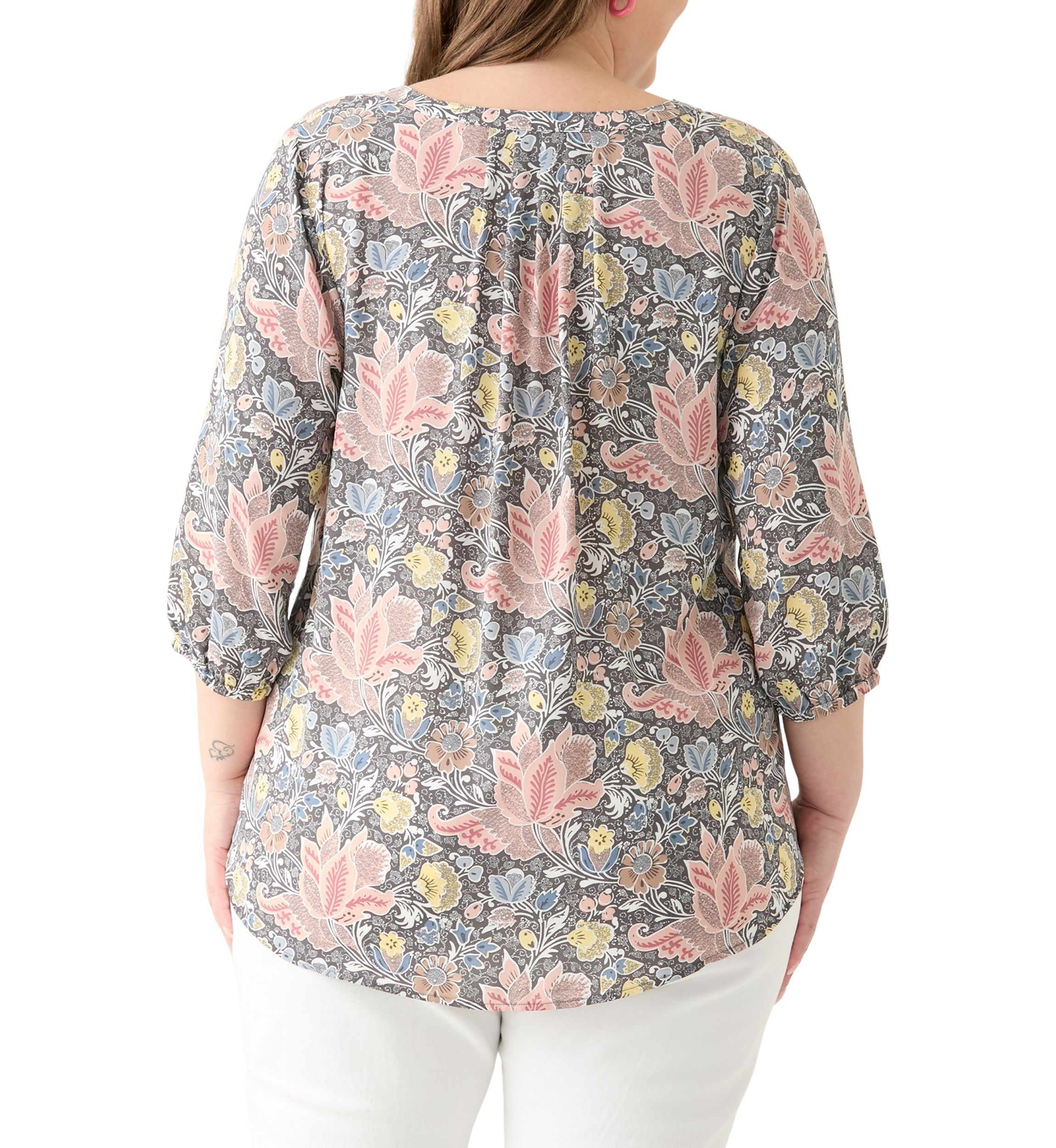 Plus Size 3/4 Sleeve Split Neck Woven Blouse 