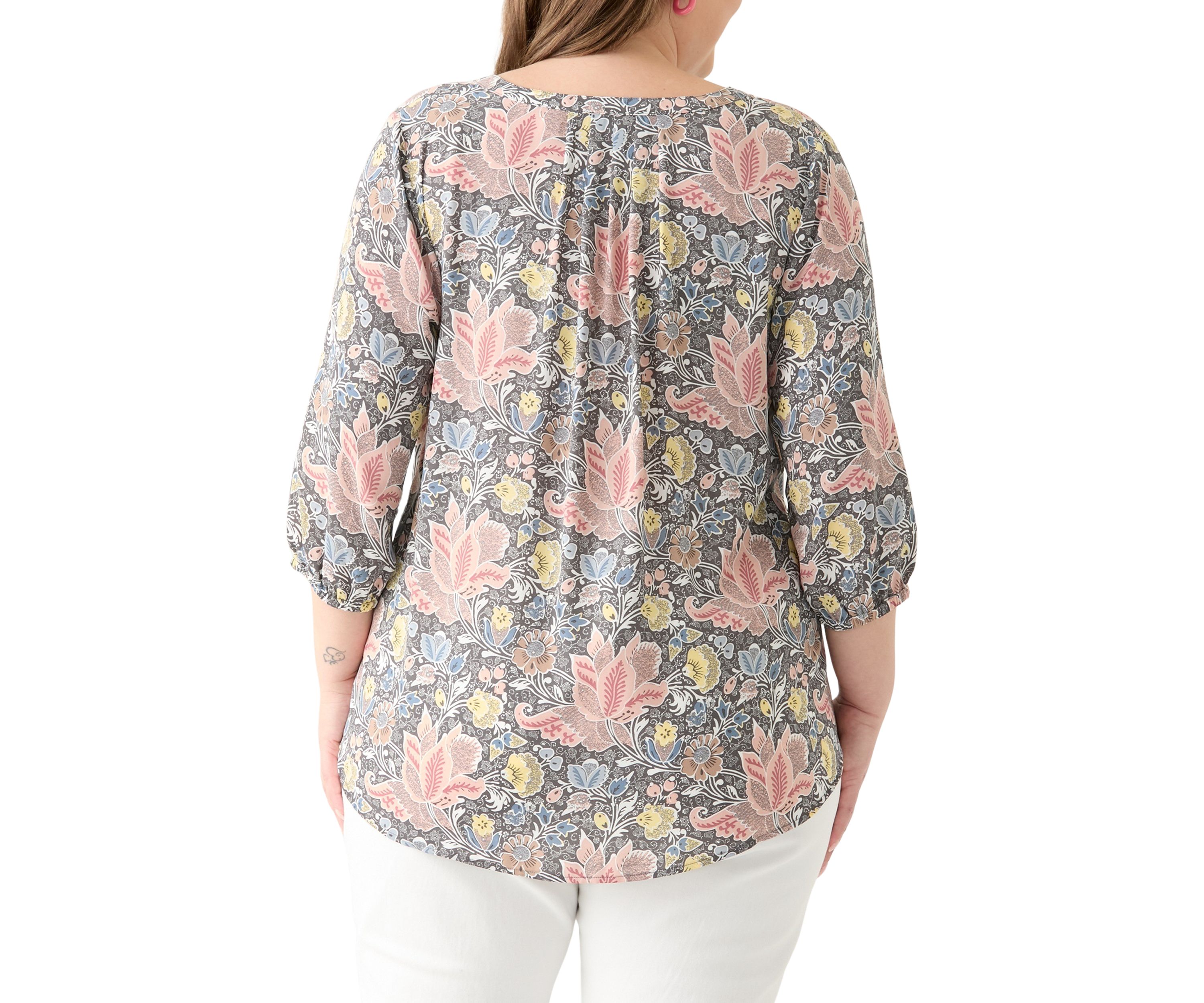 Plus Size 3/4 Sleeve Split Neck Woven Blouse 