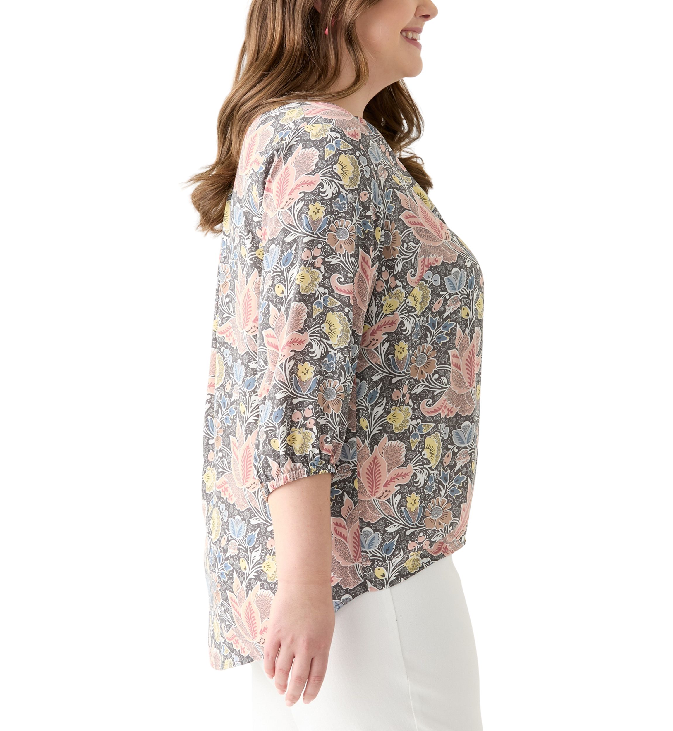 Plus Size 3/4 Sleeve Split Neck Woven Blouse 
