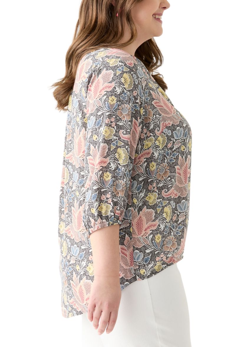 Plus Size 3/4 Sleeve Split Neck Woven Blouse 