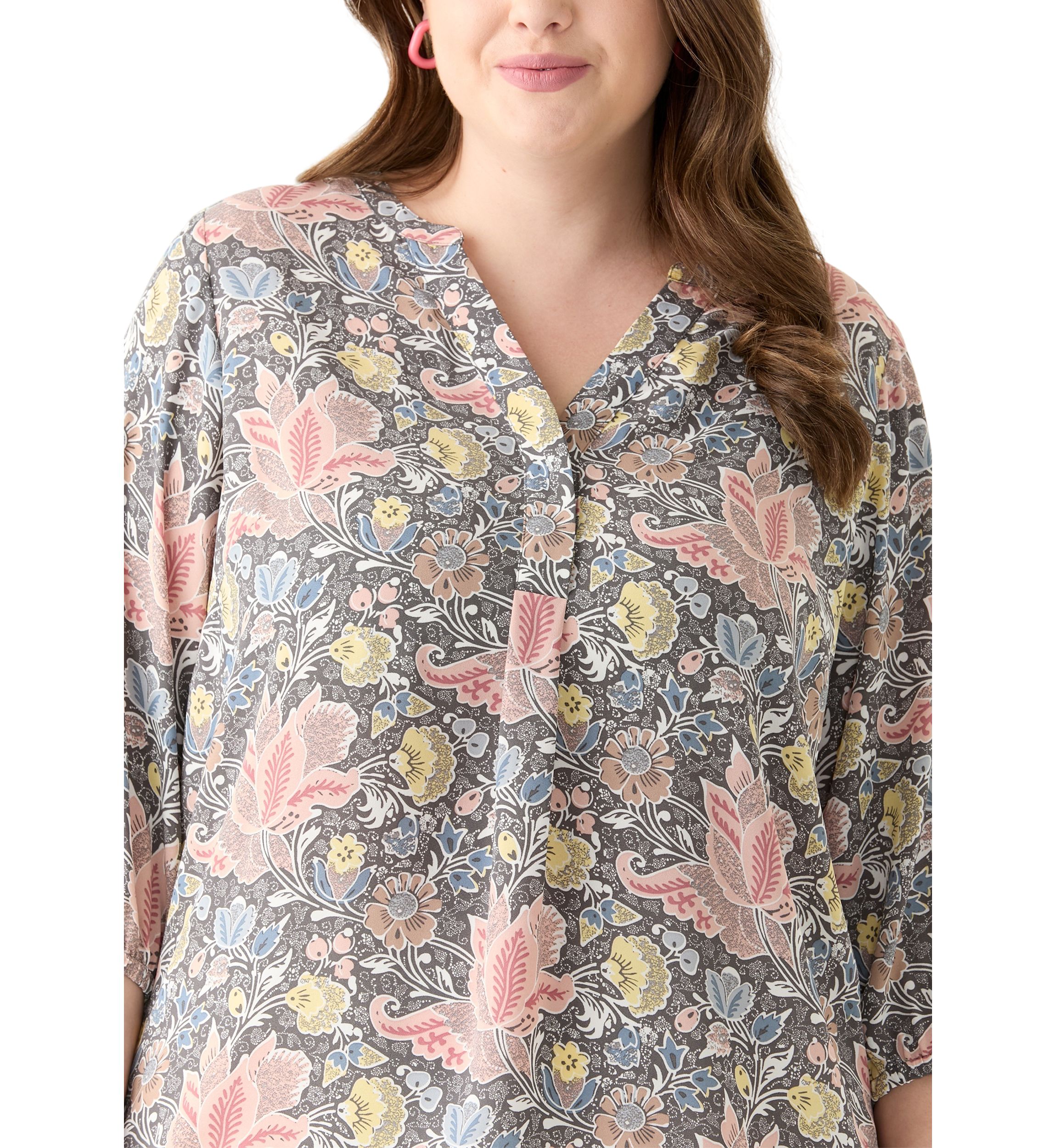 Plus Size 3/4 Sleeve Split Neck Woven Blouse 