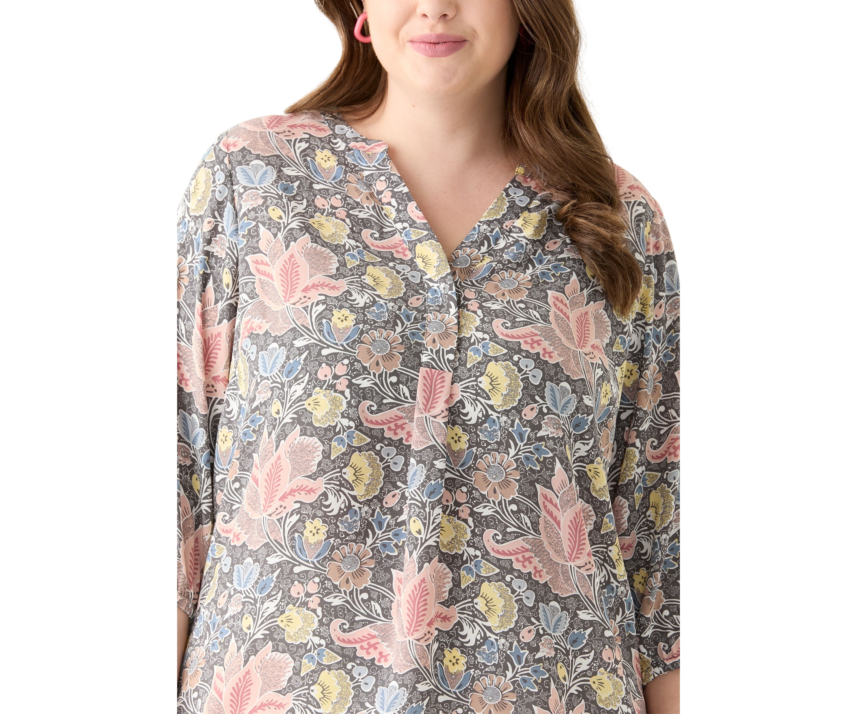 Plus Size 3/4 Sleeve Split Neck Woven Blouse 