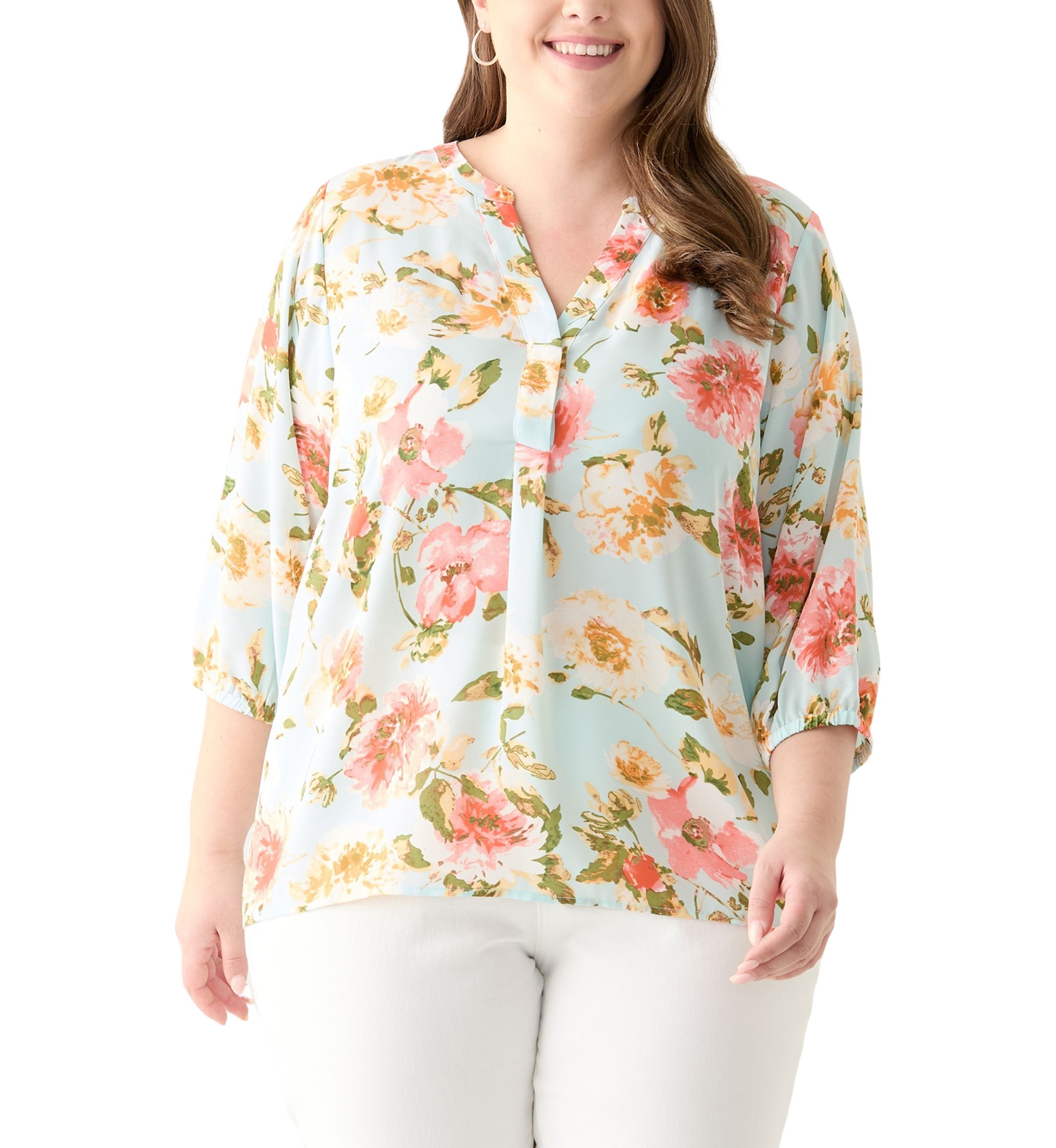 Plus Size 3/4 Sleeve Split Neck Woven Blouse 