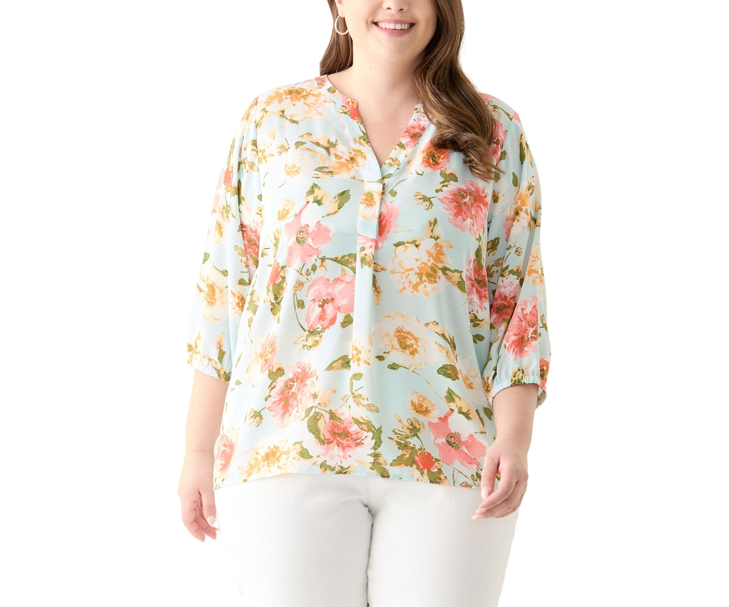 Plus Size 3/4 Sleeve Split Neck Woven Blouse 