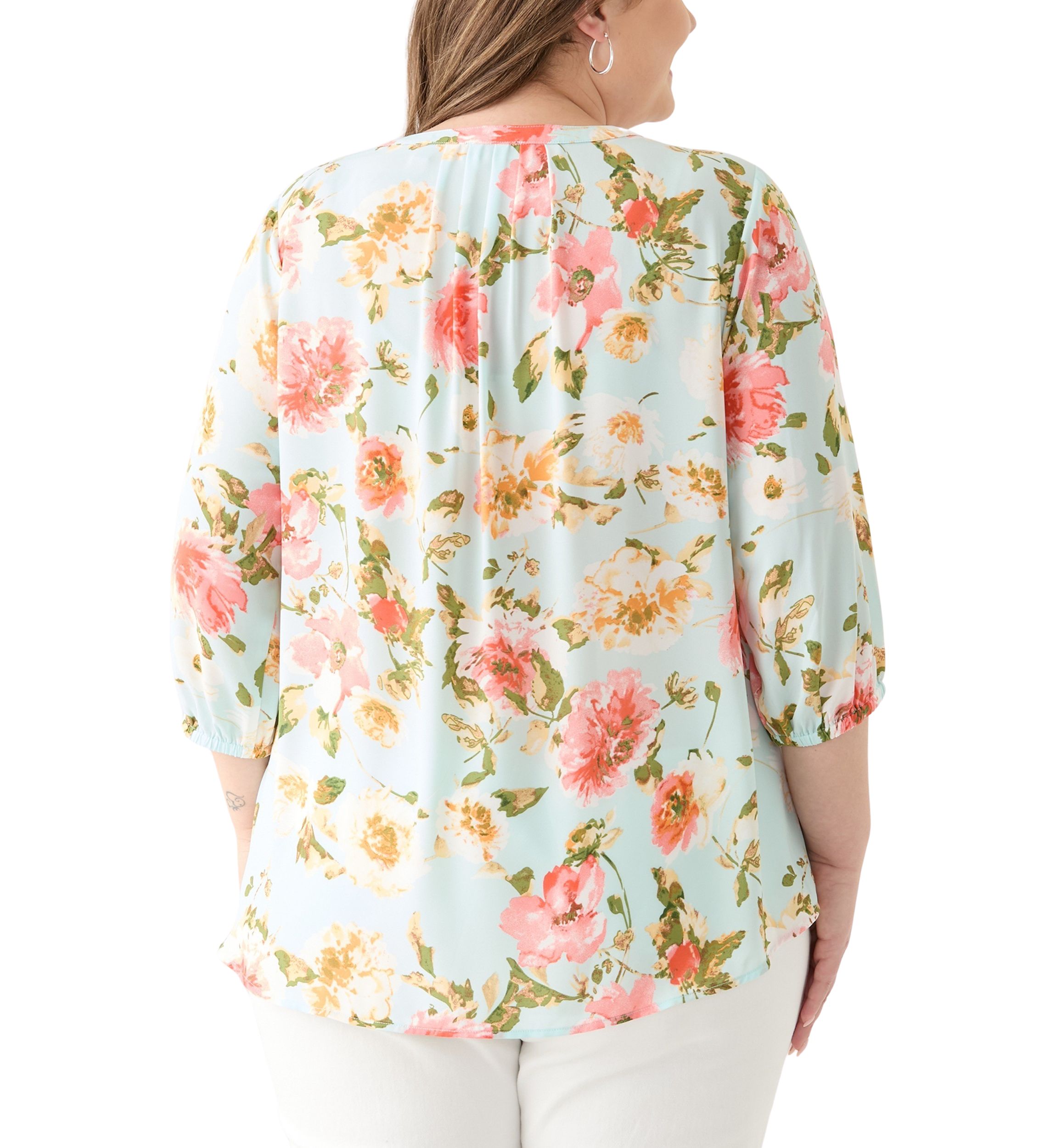 Plus Size 3/4 Sleeve Split Neck Woven Blouse 