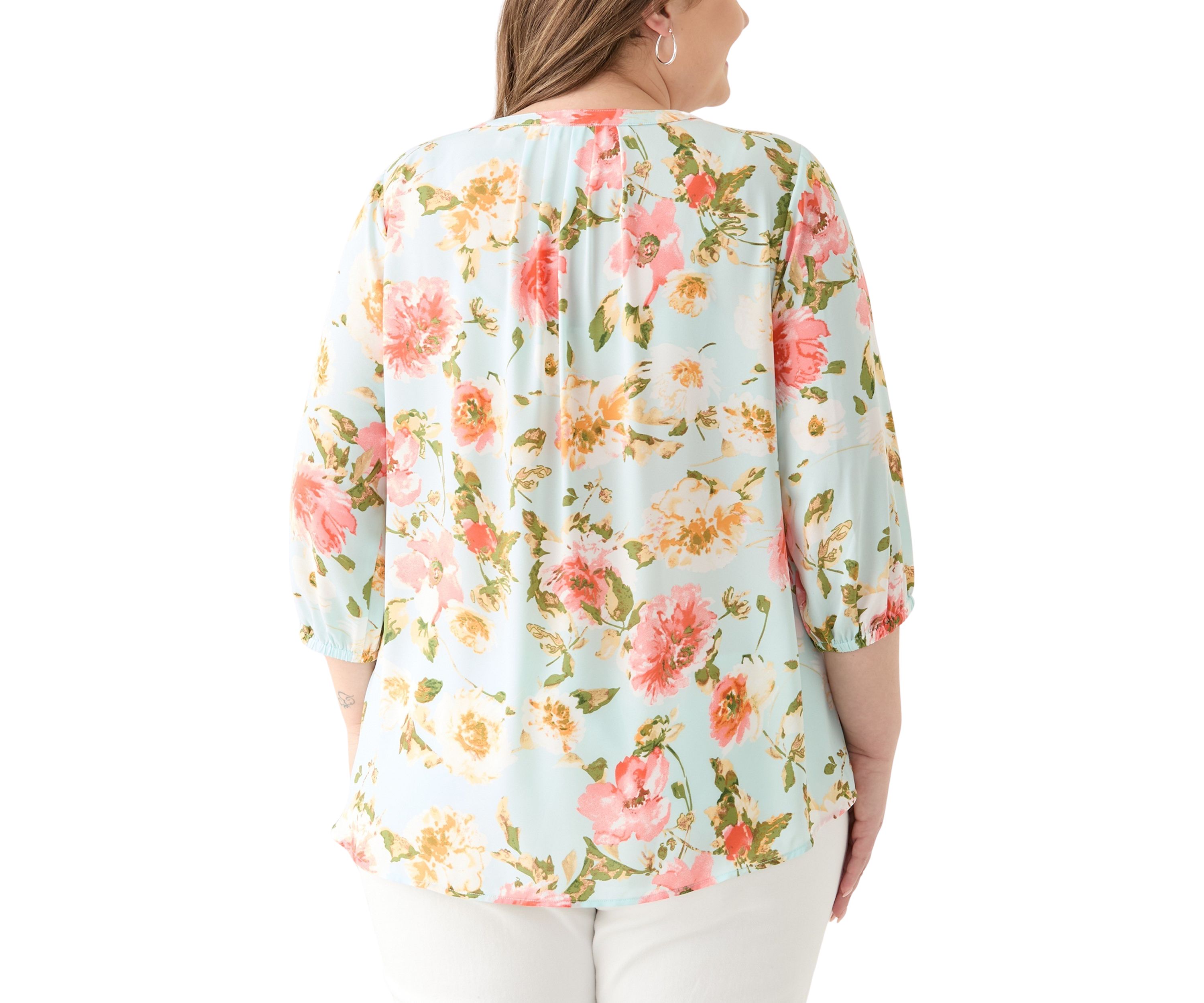 Plus Size 3/4 Sleeve Split Neck Woven Blouse 