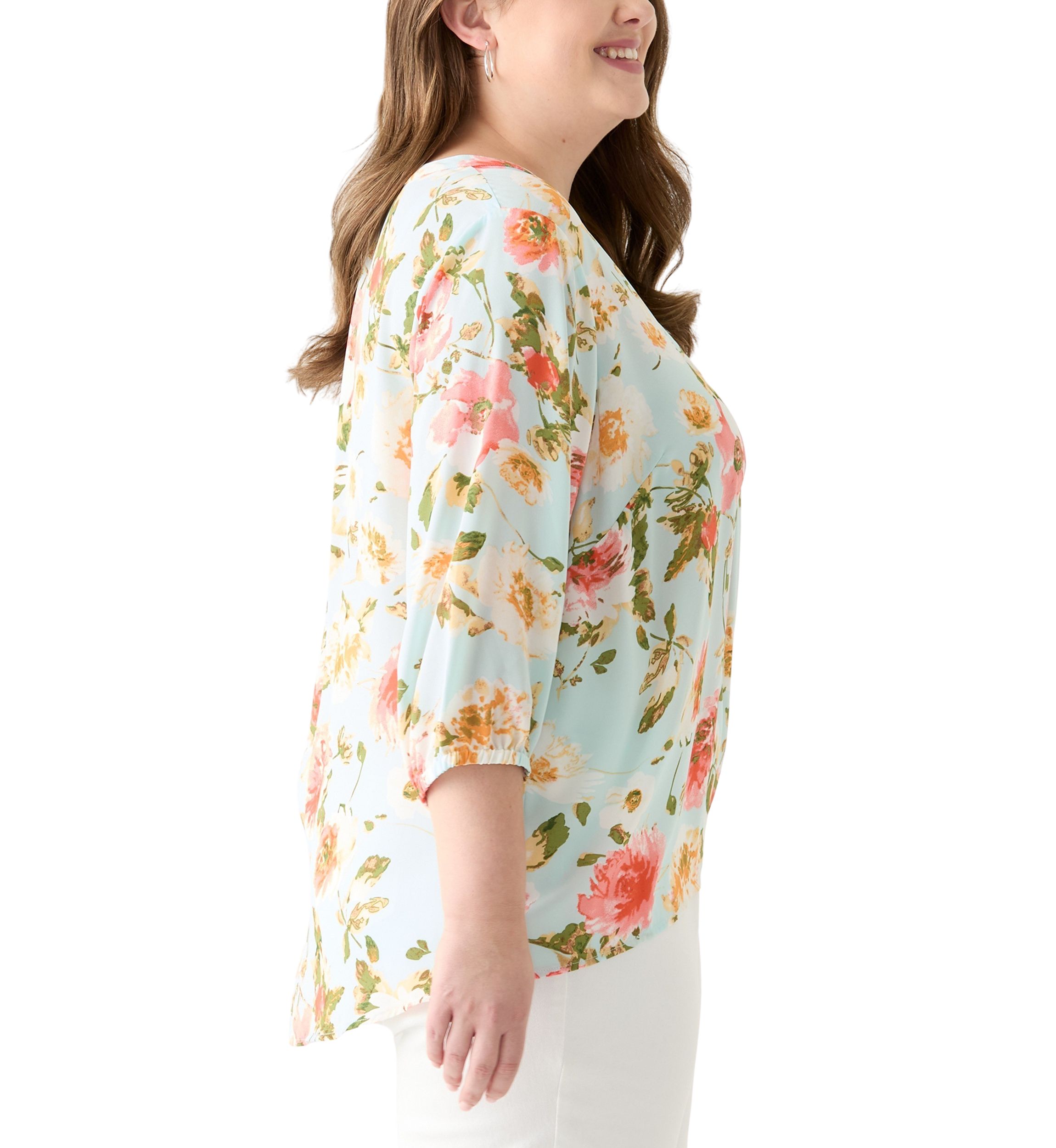 Plus Size 3/4 Sleeve Split Neck Woven Blouse 