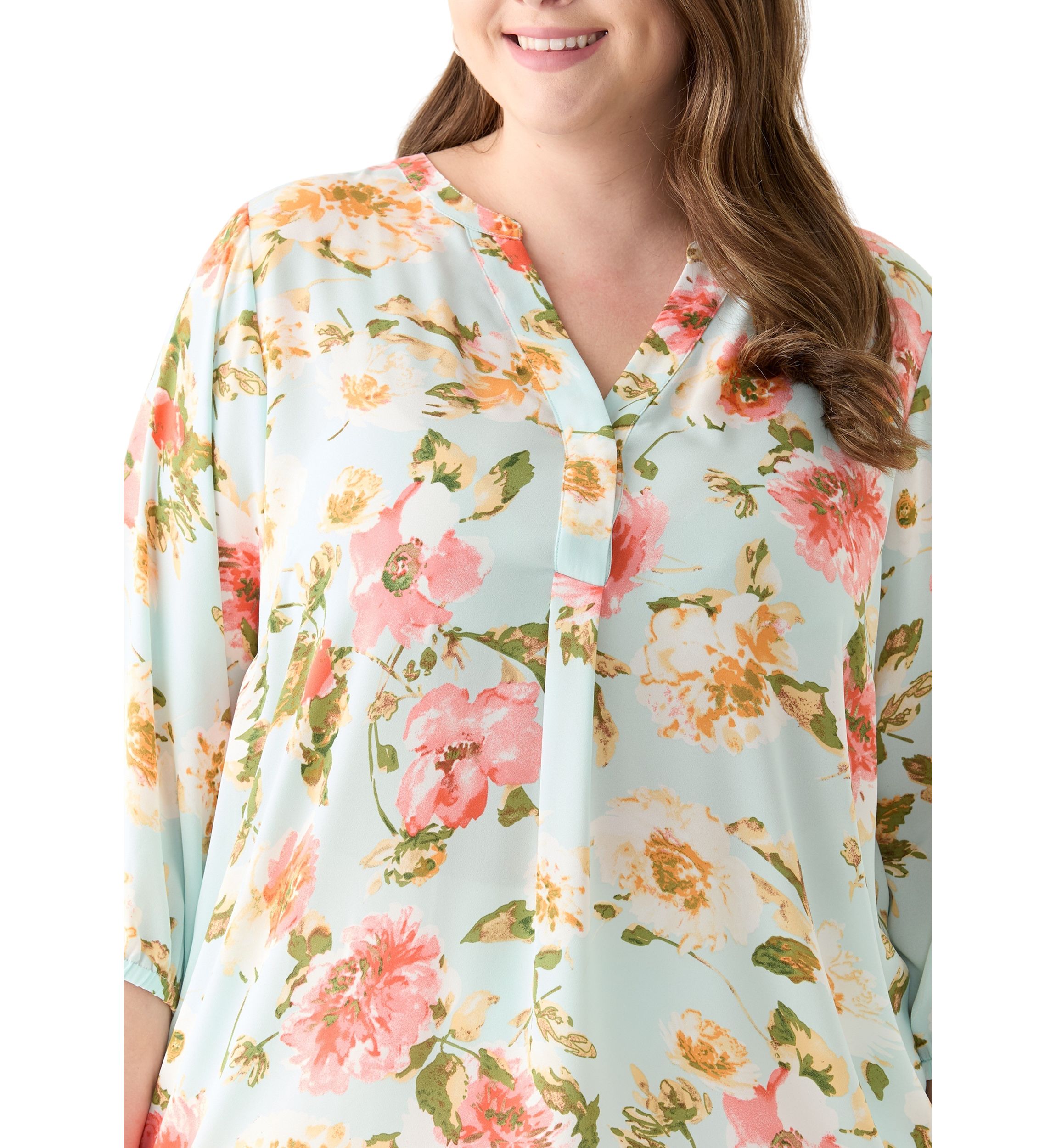 Plus Size 3/4 Sleeve Split Neck Woven Blouse 
