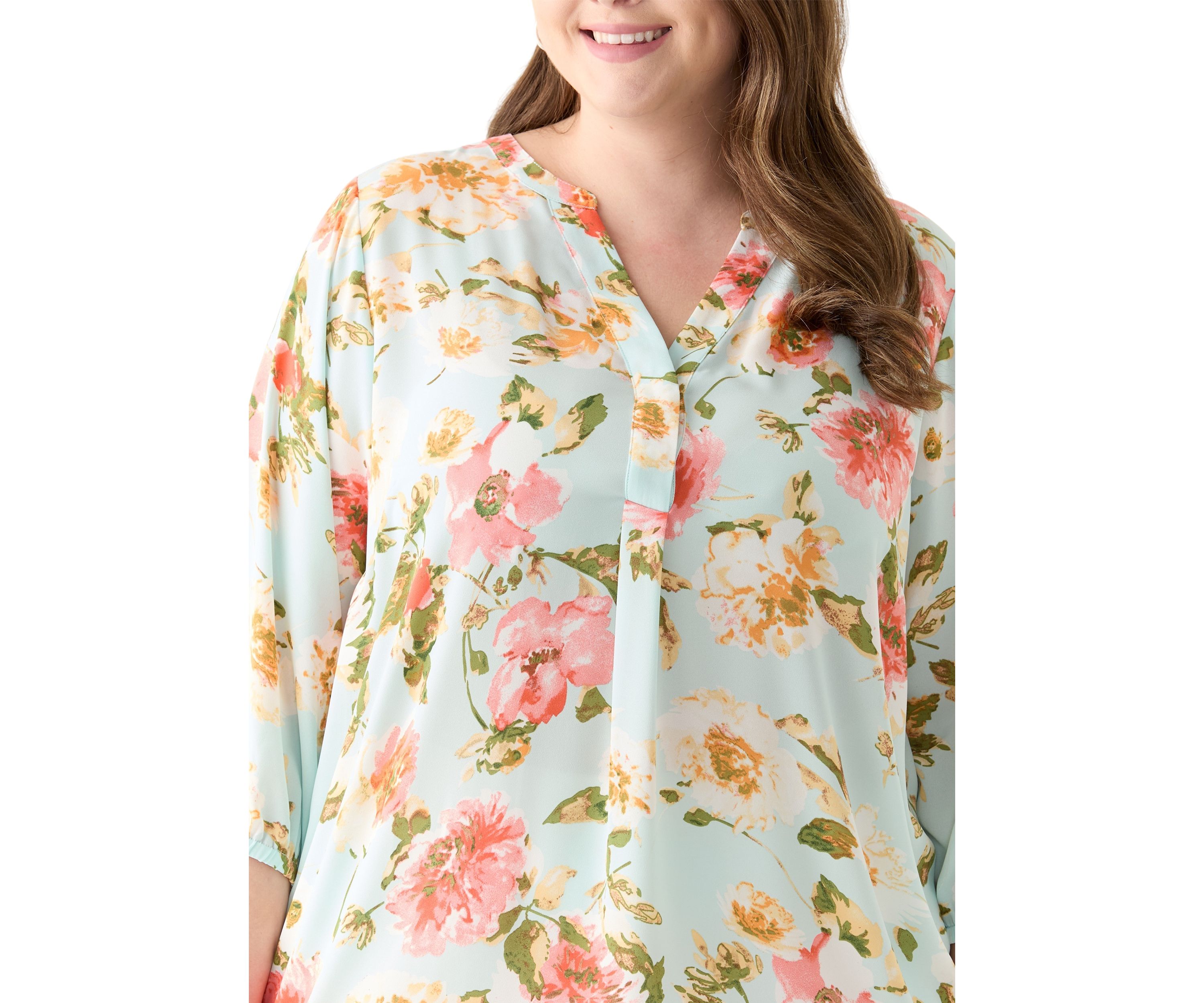 Plus Size 3/4 Sleeve Split Neck Woven Blouse 