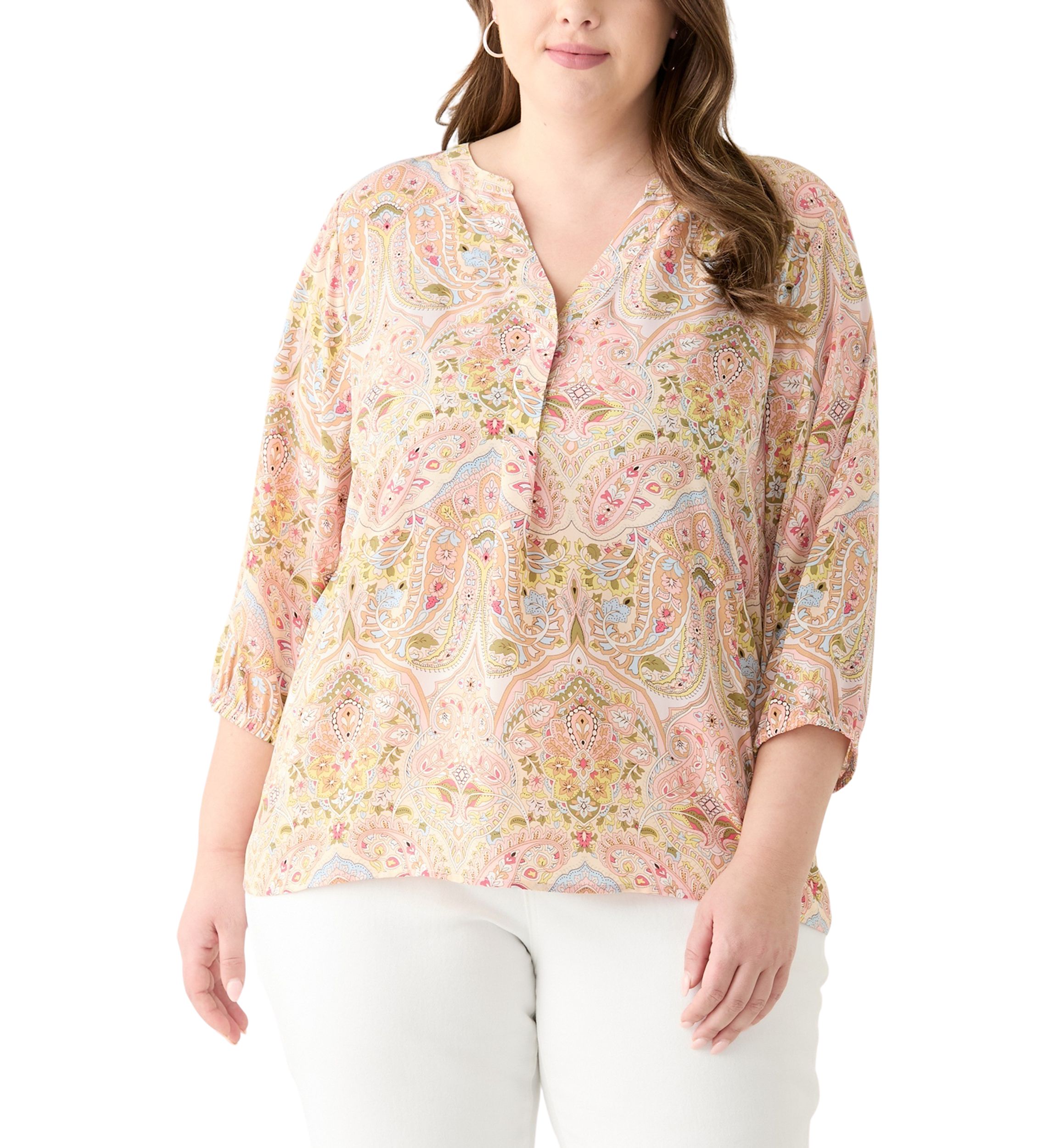Plus Size 3/4 Sleeve Split Neck Woven Blouse