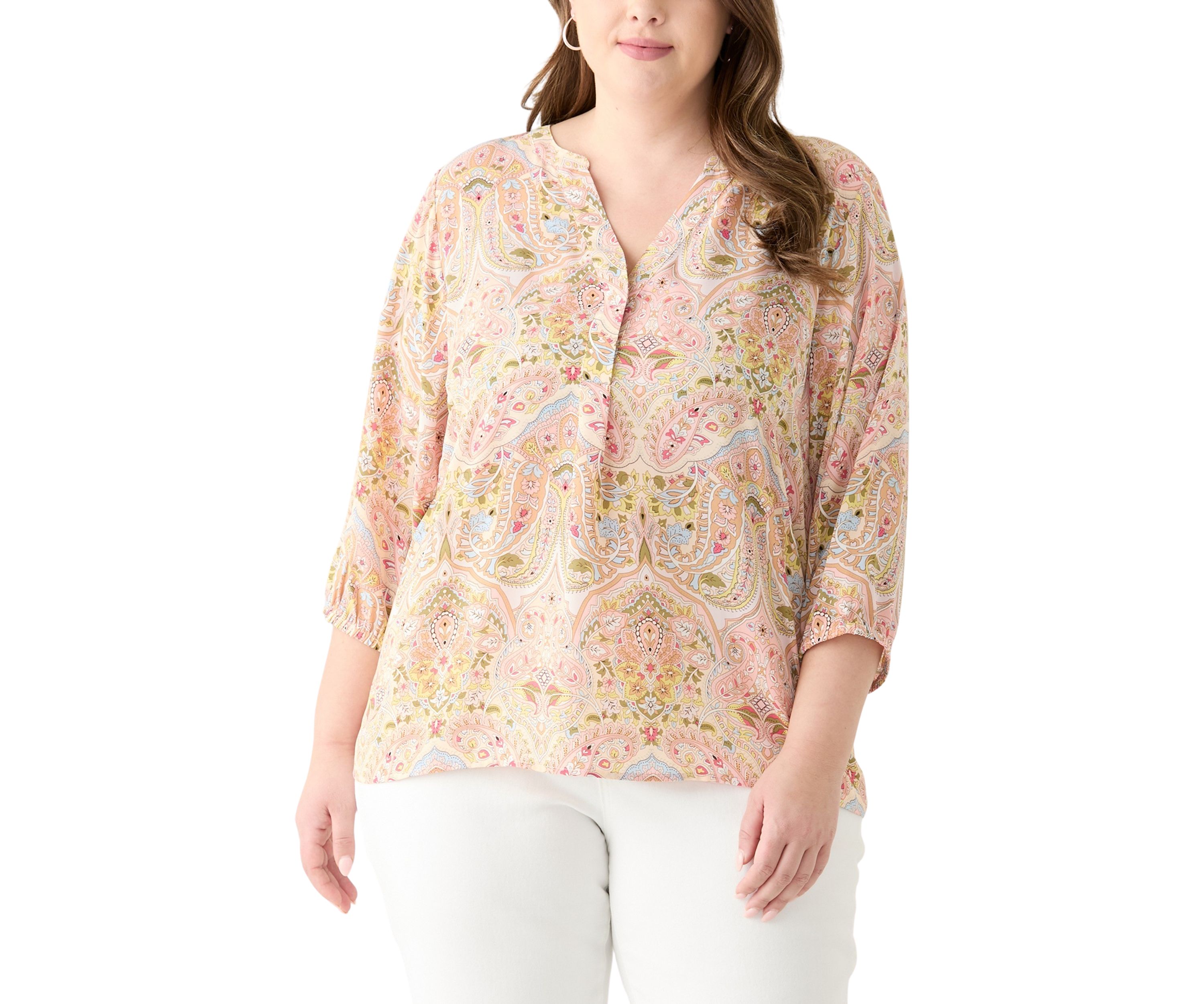 Plus Size 3/4 Sleeve Split Neck Woven Blouse