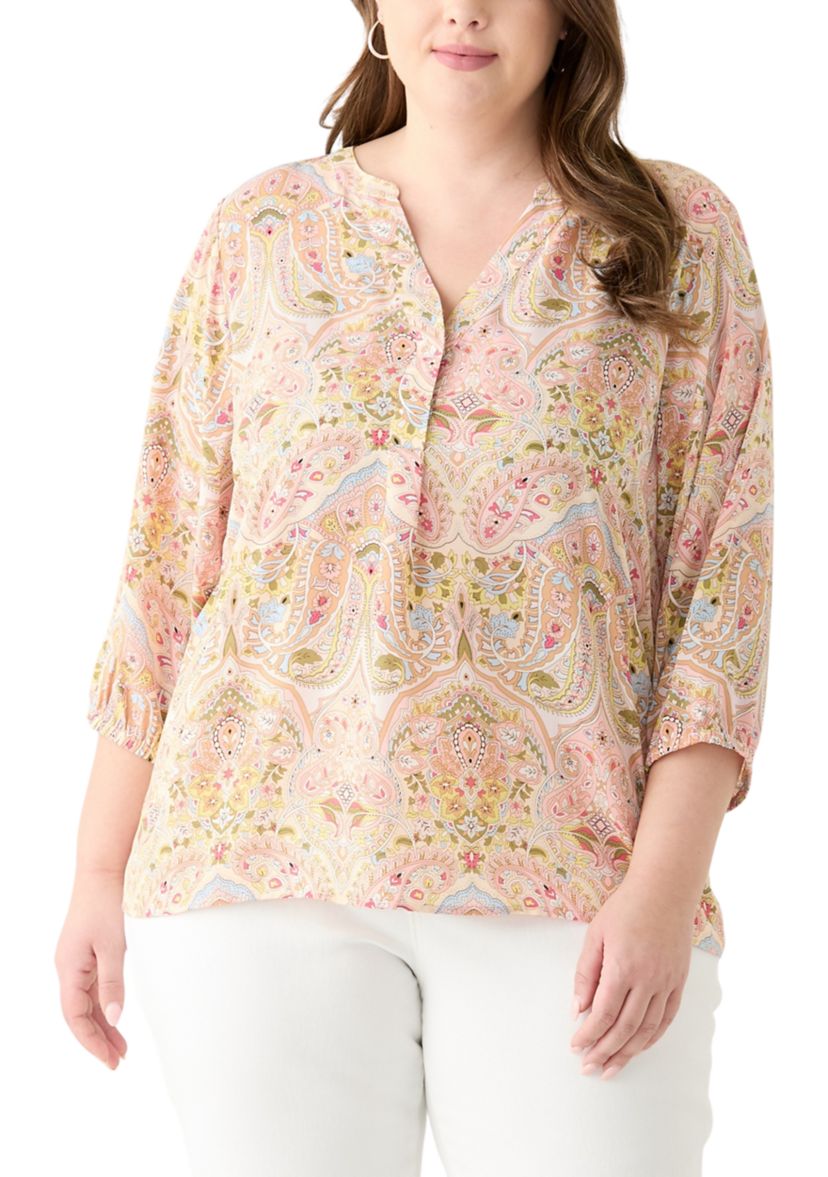 Plus Size 3/4 Sleeve Split Neck Woven Blouse