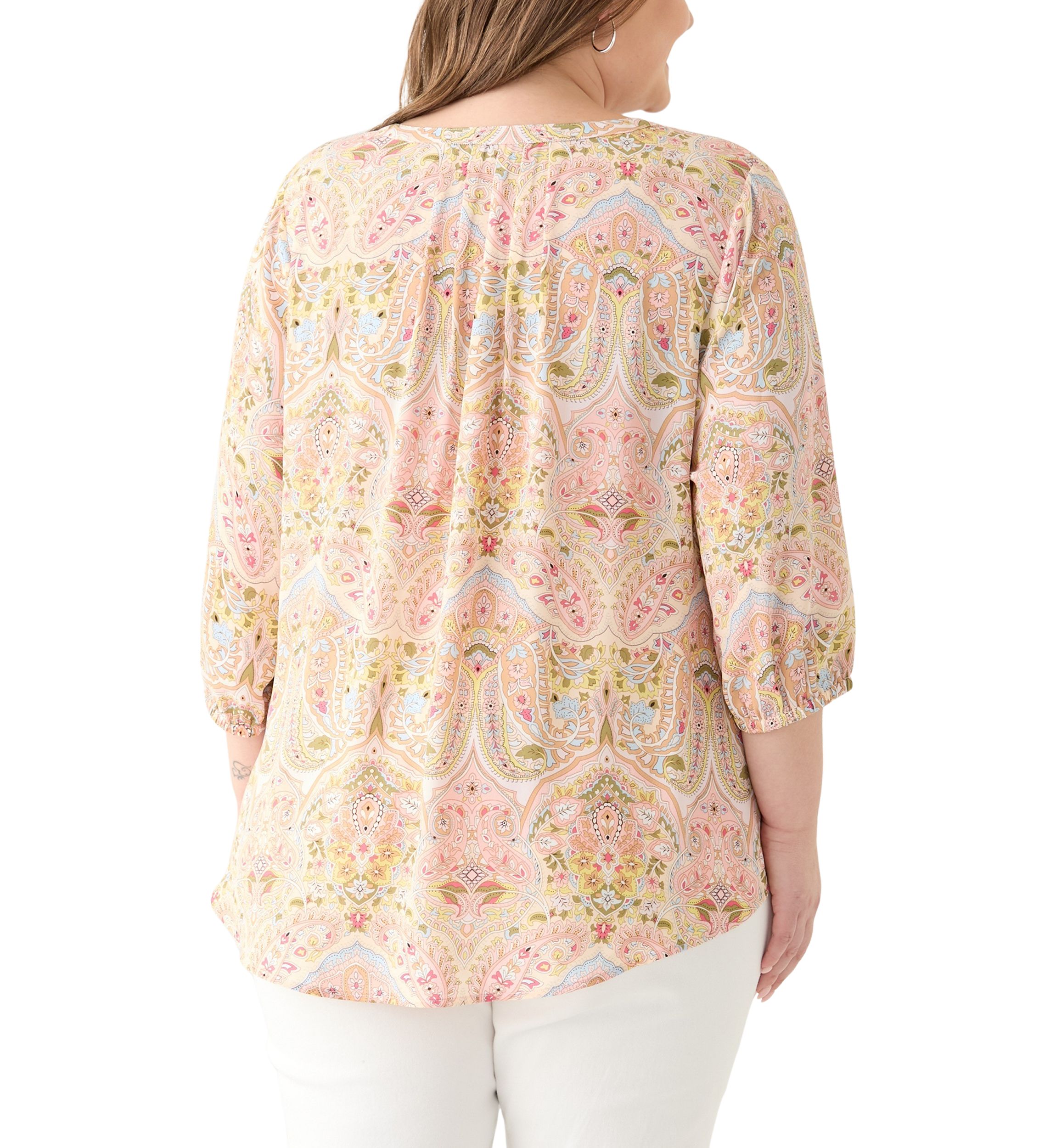 Plus Size 3/4 Sleeve Split Neck Woven Blouse