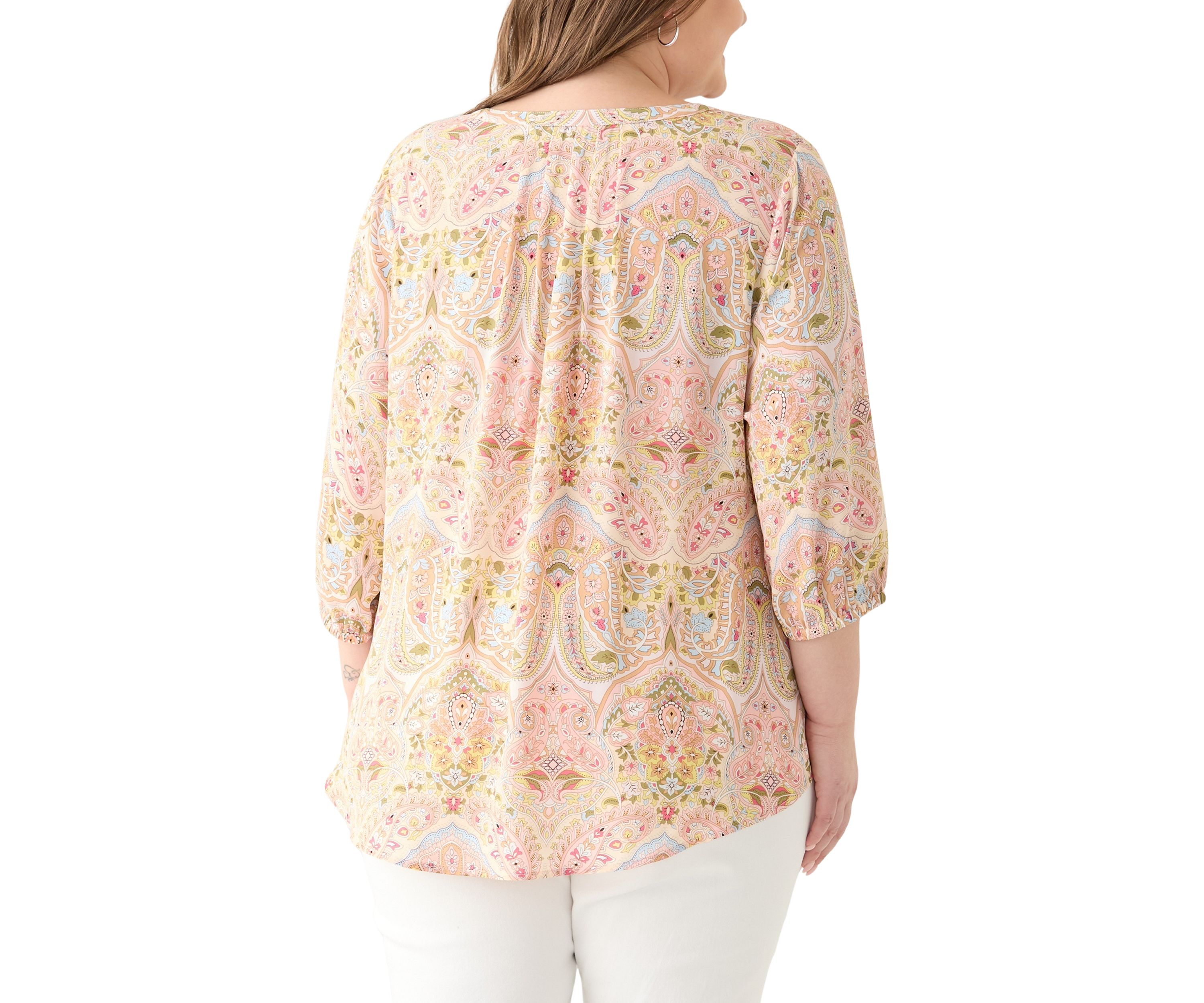 Plus Size 3/4 Sleeve Split Neck Woven Blouse