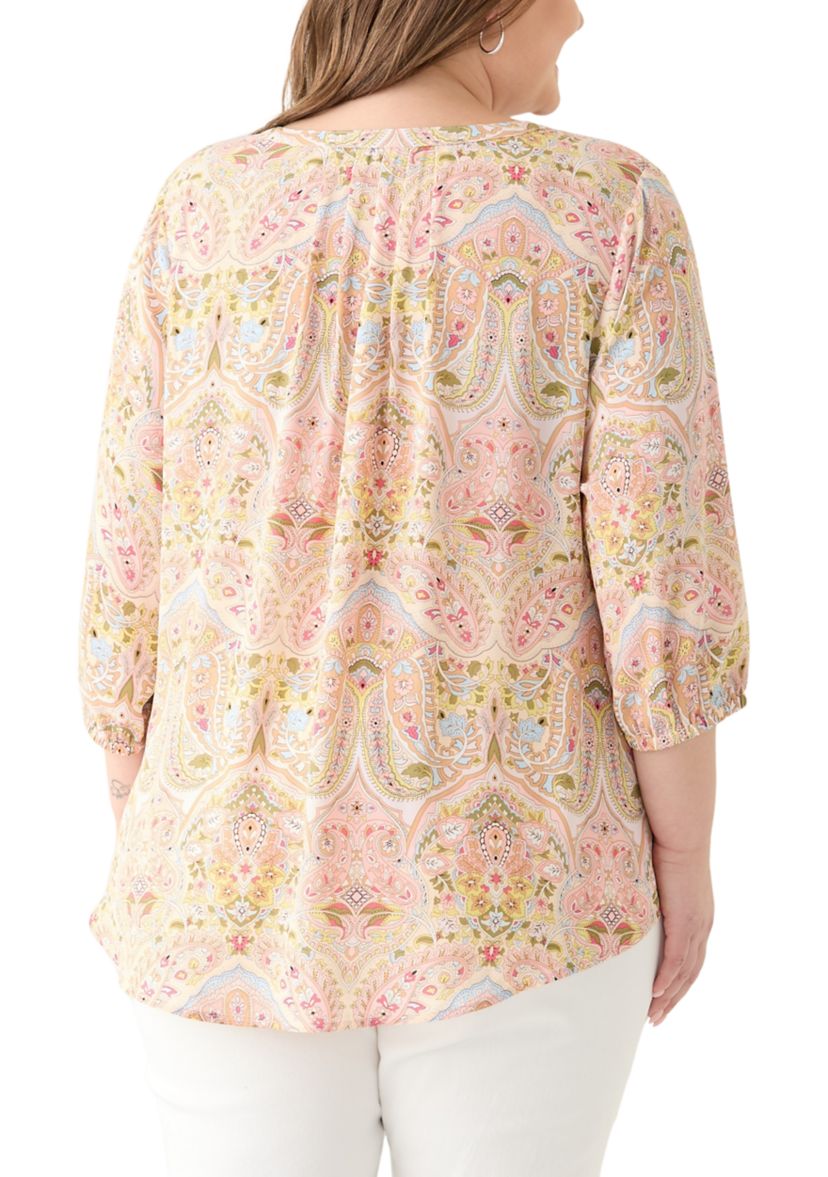 Plus Size 3/4 Sleeve Split Neck Woven Blouse