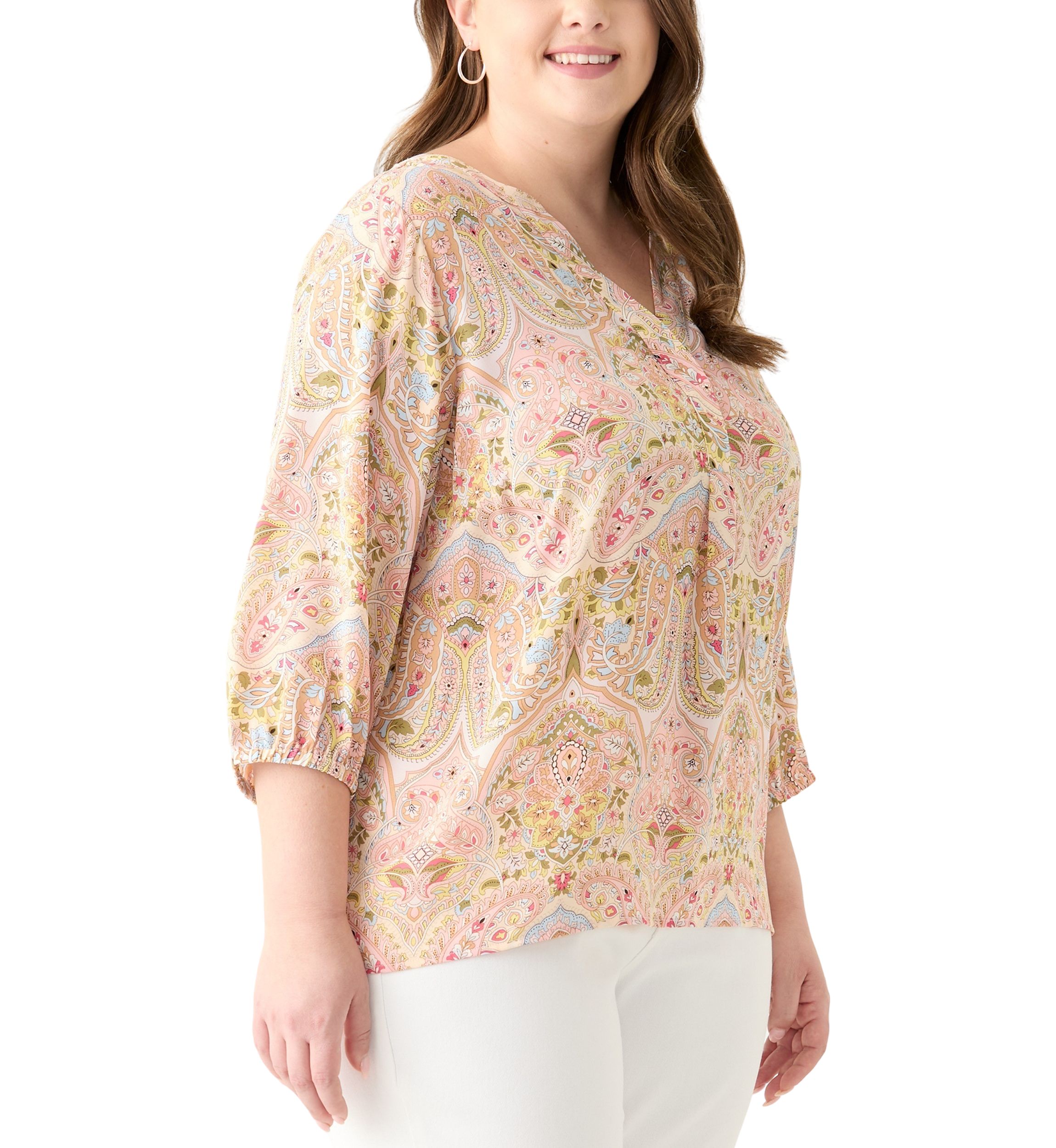 Plus Size 3/4 Sleeve Split Neck Woven Blouse