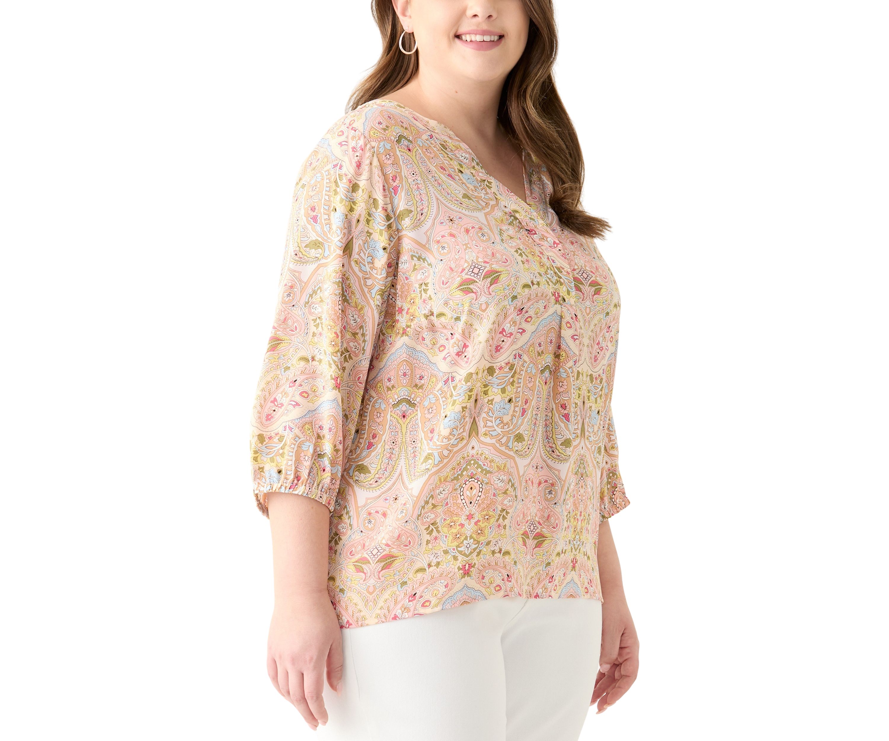 Plus Size 3/4 Sleeve Split Neck Woven Blouse