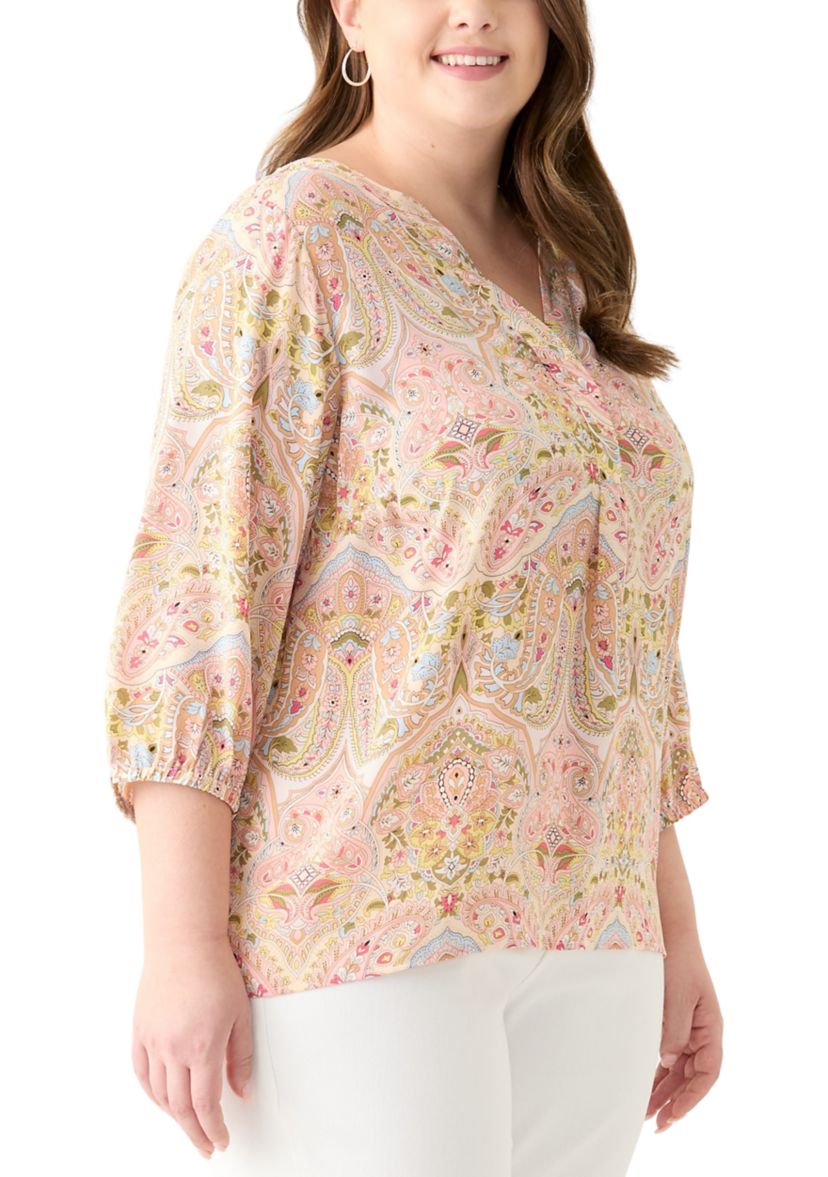 Plus Size 3/4 Sleeve Split Neck Woven Blouse