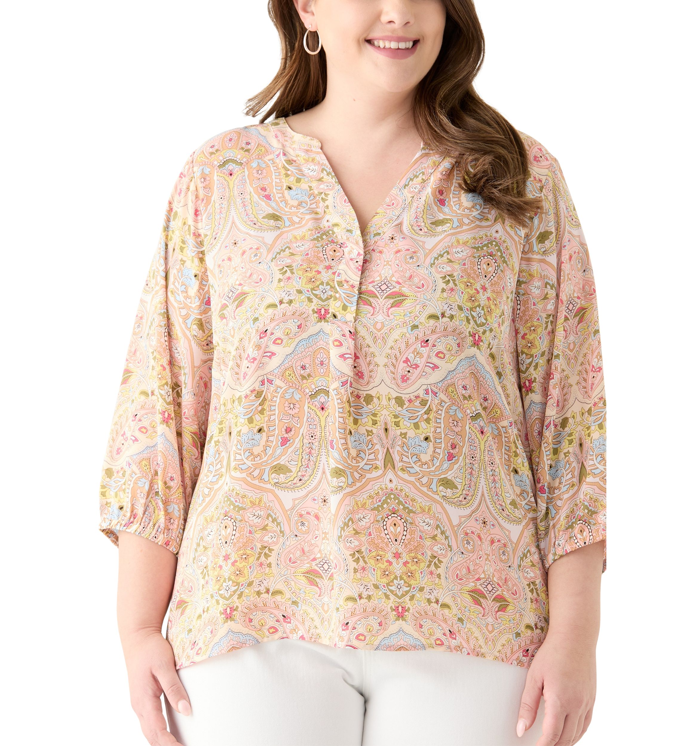 Plus Size 3/4 Sleeve Split Neck Woven Blouse
