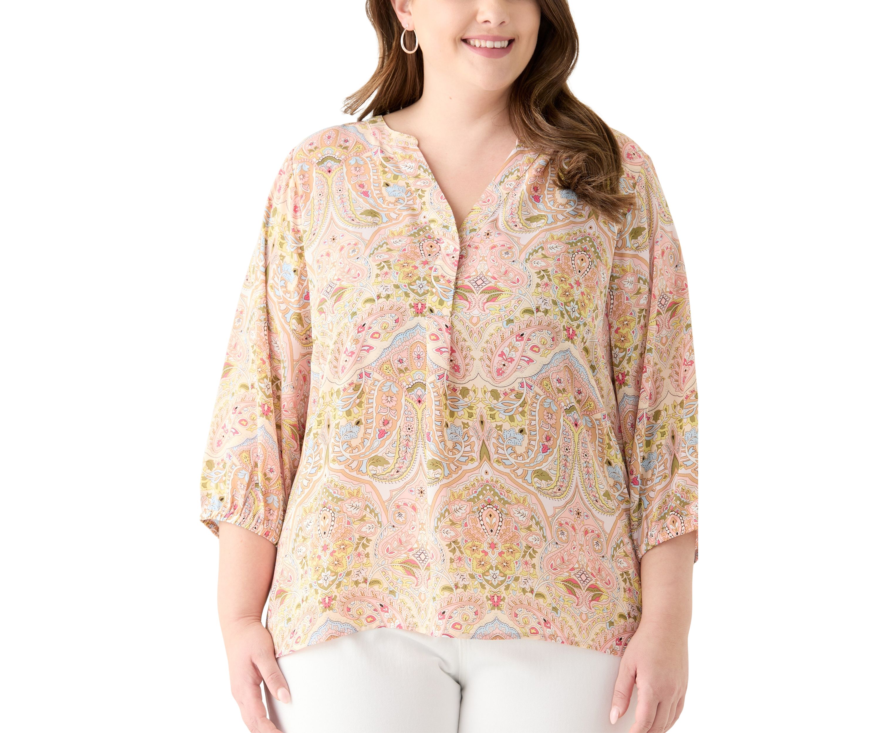 Plus Size 3/4 Sleeve Split Neck Woven Blouse