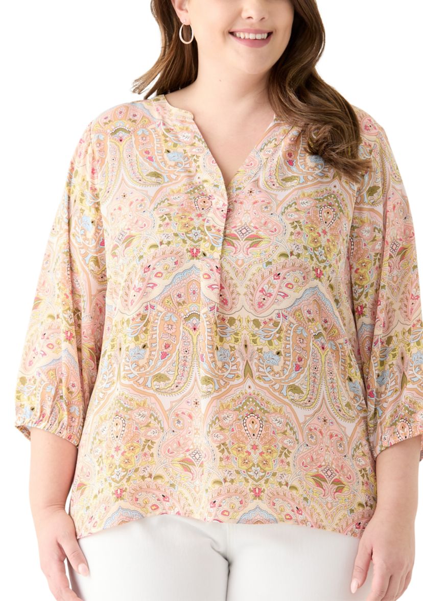 Plus Size 3/4 Sleeve Split Neck Woven Blouse