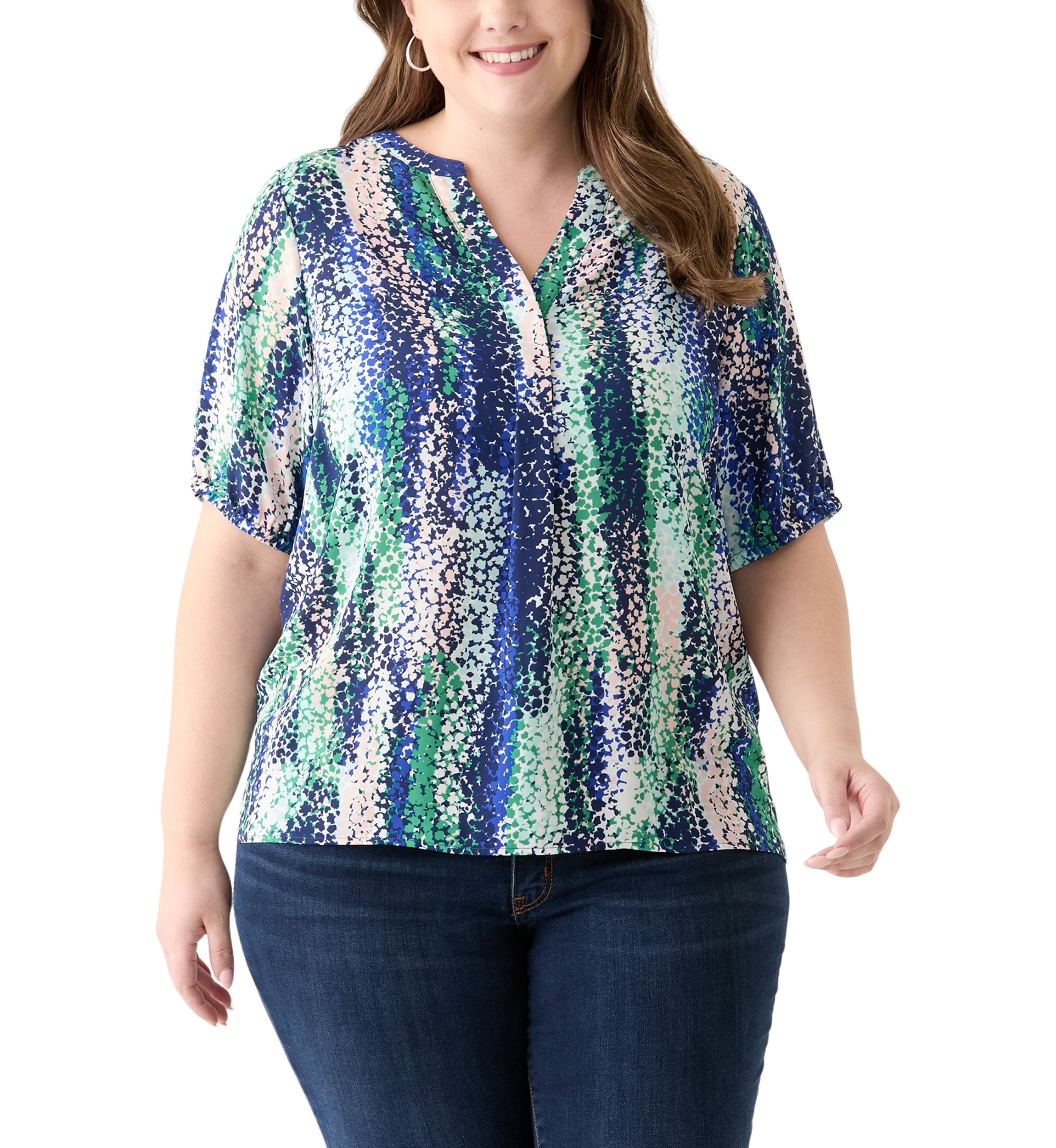 Plus Size Elbow Sleeve Split Neck Woven Blouse 